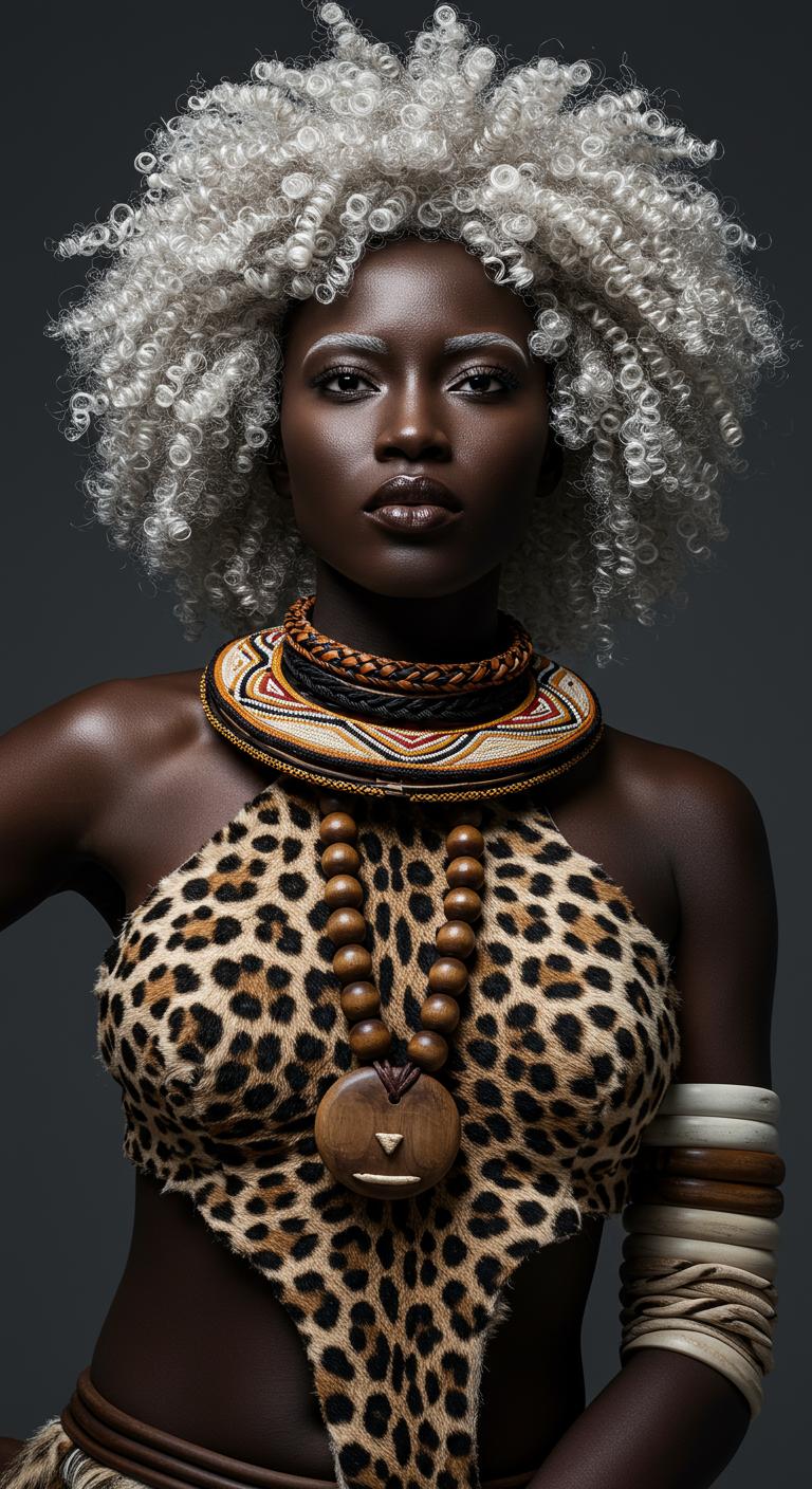 Imagine a black melanin South African ROYAL Zulu Goddess wearing leopard skin and wooden beads with very tight curly white hair in a 8k resolution photorealistic cinematic image plain grey background 