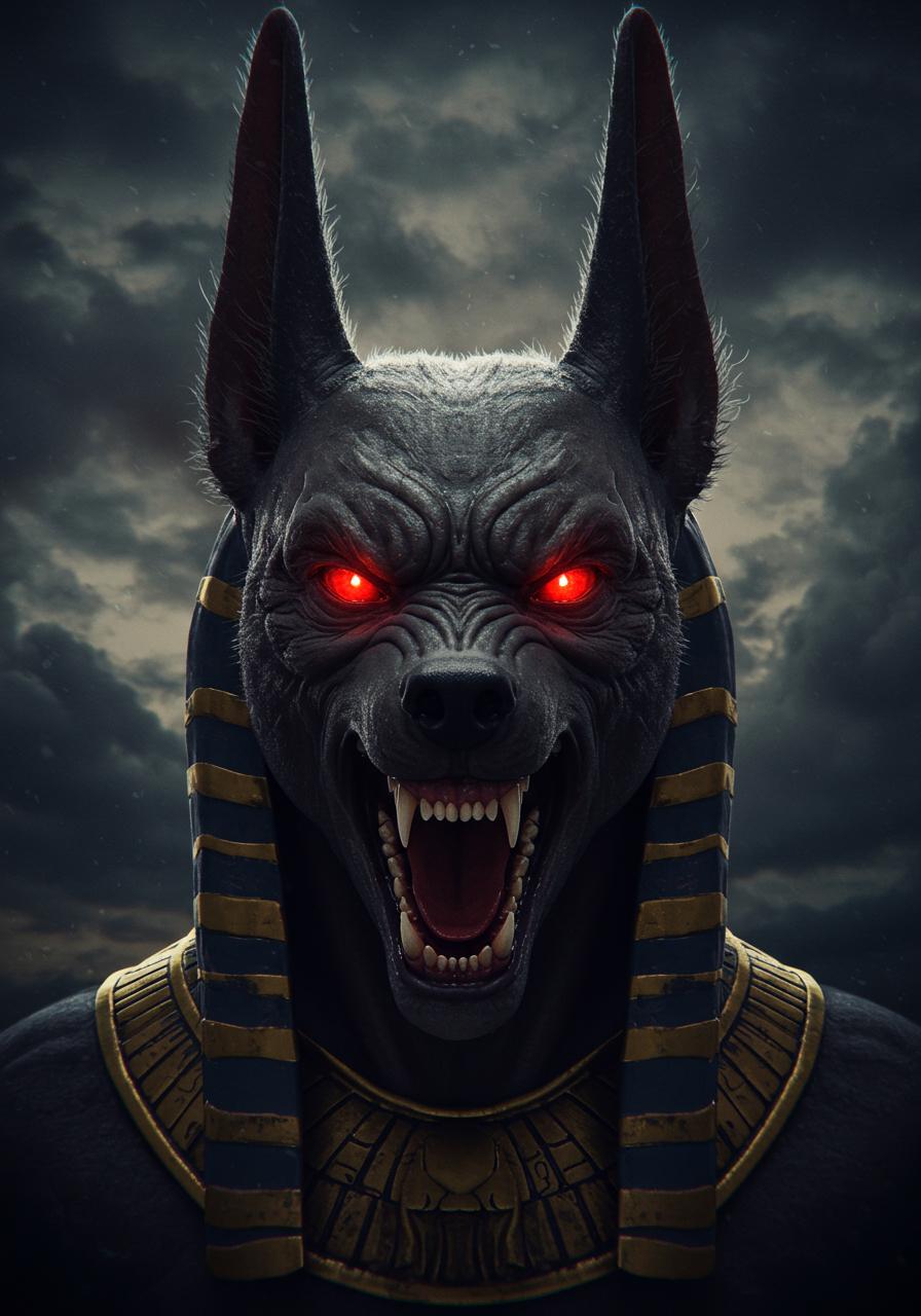 Angry anubis with scary face and res eyes