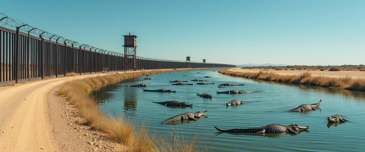 This image depicts a long, linear structure that resembles a border fence. The fence is made of vertical metal slats, topped with (barbed wire:2.3) and watchtowers. The slats are painted a dark, almost black color, with some rust, while the barbed wire is a lighter, silvergray. The tall watchtowers built on stilts like WWII style are constructed of a similar dark material and are positioned at regular intervals along the fence. In the foreground, there is a large body of water, a moat along the fence line, which is filled with numerous crocodiles. The crocodiles are of various sizes and are spread throughout the water, some swimming and others resting on the surface. The water has a murky greenish blue color, which suggests that it might be a saltwater or brackish water body.The background of the image is a flat, barren landscape with sparse vegetation, likely a desert or a dry savannah. The sky is clear and a deep blue, indicating fair weather. The lighting in the image is bright and natural, with shadows cast by the fence and the crocodiles, suggesting that the photo was taken during the day. The art style of the image is realistic with a touch of surrealism, as the presence of crocodiles in such a confined space is not a common occurrence. The medium appears to be a digital photograph, given the clarity and sharpness of the details. Overall, the image conveys a sense of isolation, danger, and the juxtaposition of wildlife and human made structures. Dirt roadway along the fenceline. The moat is surrounded by barbed wire fencing and a dock for Customs officers to work from attached to the border fence.