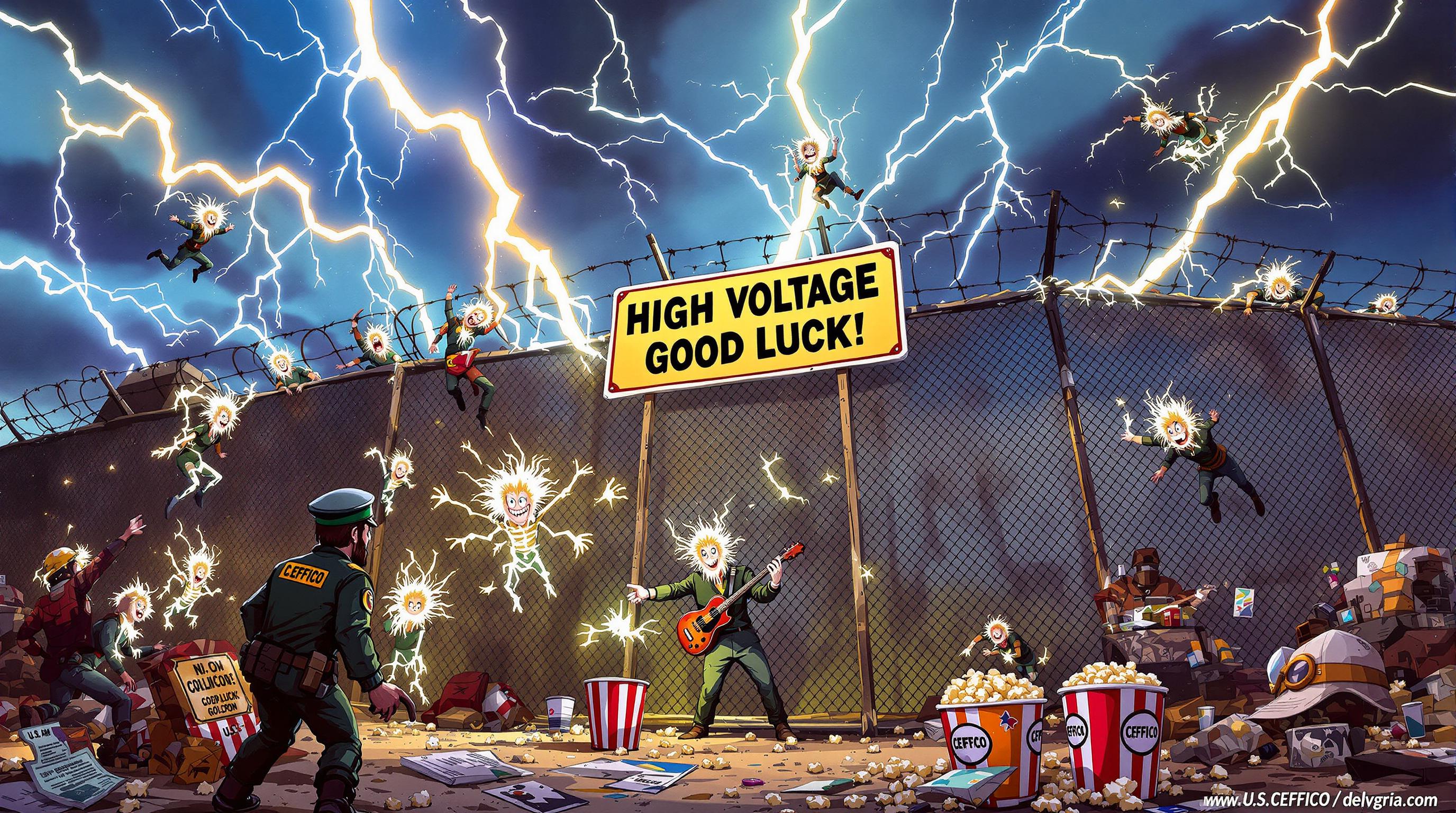 This image is a dynamic and chaotic scene that appears to be a surreal representation of a highvoltage environment. The art style is reminiscent of comic book art with a touch of fantasy, characterized by bold outlines, dramatic poses, and a high level of detail. The medium seems to be digital painting, given the smooth blending of colors and the lack of texture that might be present in traditional painting mediums.The colors are vivid and intense, with a predominance of blues, yellows, and oranges, which give the scene a sense of electricity and danger. The lightning bolts are a bright white, which stands out against the darker background, emphasizing the high voltage. The characters are depicted with a variety of skin tones, from the pale, electrified figures to the darker, more grounded characters.Objects in the image include1. A tall, barbed wire fence topped with a sign that reads HIGH VOLTAGE GOOD LUCK! This serves as a central element of the scene, framing the action and setting the tone for the danger that surrounds it.2. Lightning bolts strike the fence and the surrounding area, creating an electrified atmosphere.3. Figures with electrified hair and faces are scattered throughout the scene, some climbing the fence, others leaping through the air, and one figure with a guitar, seemingly unaffected by the electricity.4. Two buckets of popcorn are present, one in the foreground and one in the background, which adds a surreal and humorous contrast to the otherwise intense scene.5. A figure in a green uniform labeled U.S. CEFFICO is pointing towards the fence, indicating direction or perhaps giving orders.6. There are various other objects scattered throughout the scene, such as a helmet, a cup, and what appears to be a piece of paper or a map.Overall, the image conveys a sense of danger, chaos, and surrealism, with a touch of humor provided by the popcorn buckets. The high voltage theme is emphasized through the use of lightning, electrified figures, and the warning sign, creating a visually striking and memorable piece of art.