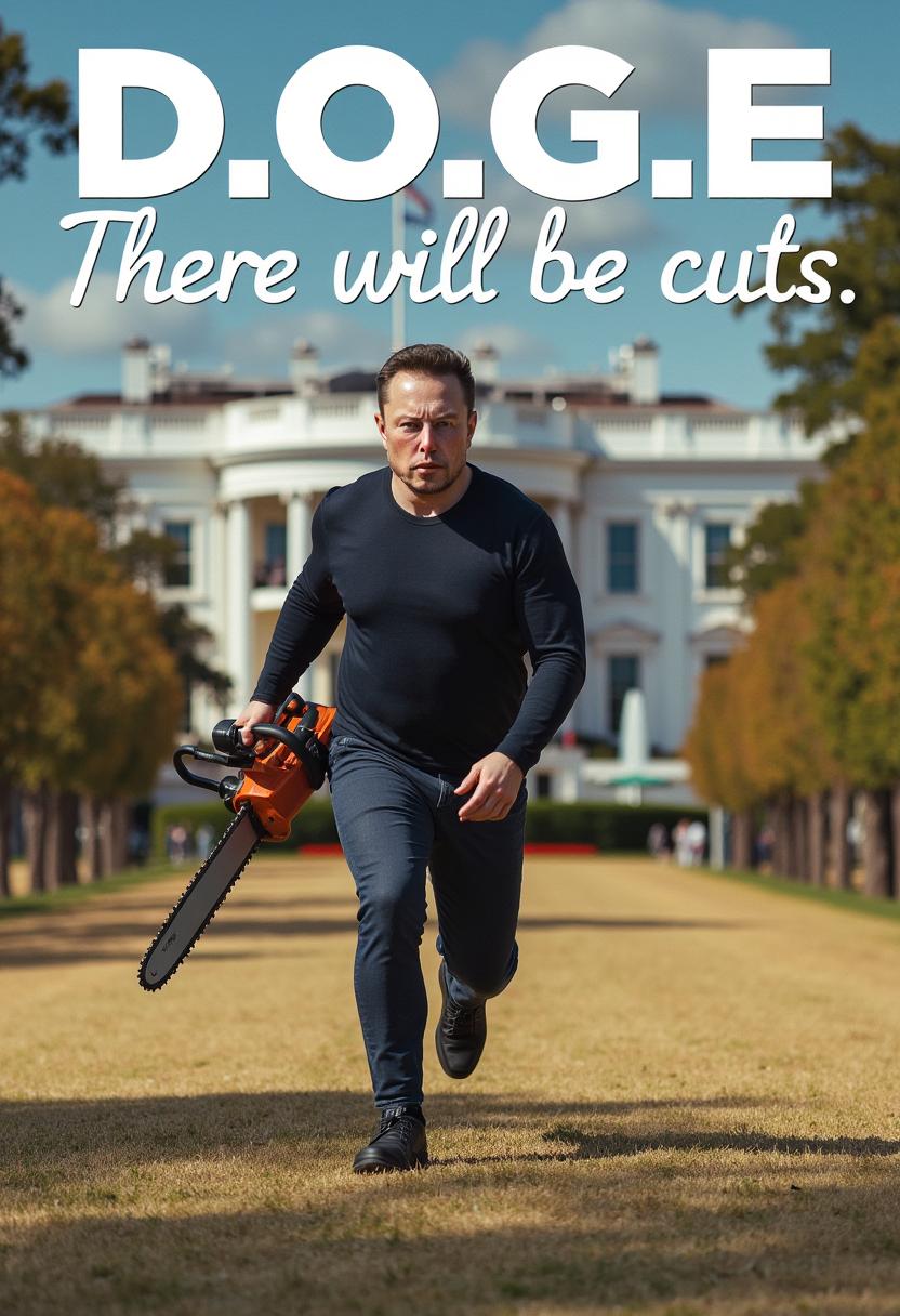 a poster of MUSK, of Elon MUSK, running towards the viewer carrying a chainsaw in his hands, background the White House. Sunny day.

Text of top of poster reads "D.O.G.E. There will be cuts" 