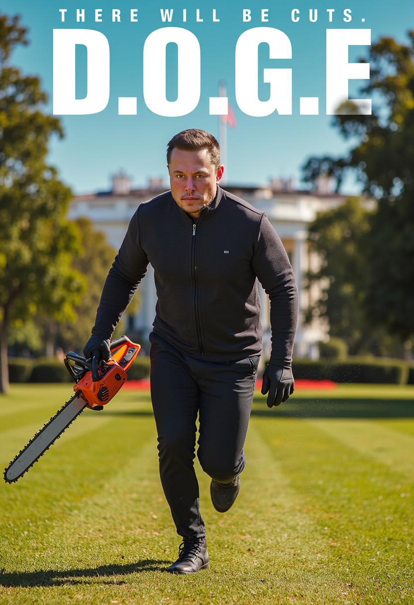 a poster of MUSK, of MUSK is running towards the viewer carrying a chainsaw in his hands, background the White House. Sunny day.

Text of top of poster reads "D.O.G.E. There will be cuts" 