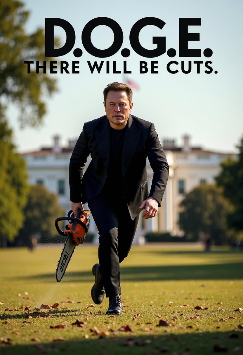 a poster of MUSK, a man MUSK is running towards the viewer carrying a chainsaw in his hands, wearing a black suit, background the White House. Sunny day.

Text of top of poster reads "D.O.G.E. There will be cuts" 