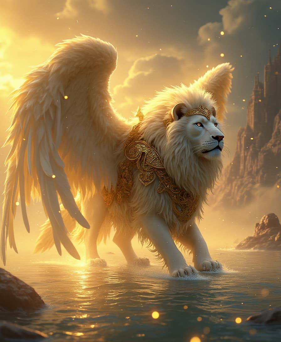 Celestial King of the Heavens – A divine white lion, massive angelic wings, and intricate golden armor. It walks across a shimmering river of light, with golden sparks floating around. The background features a celestial kingdom in the sky, bathed in a divine golden glow.