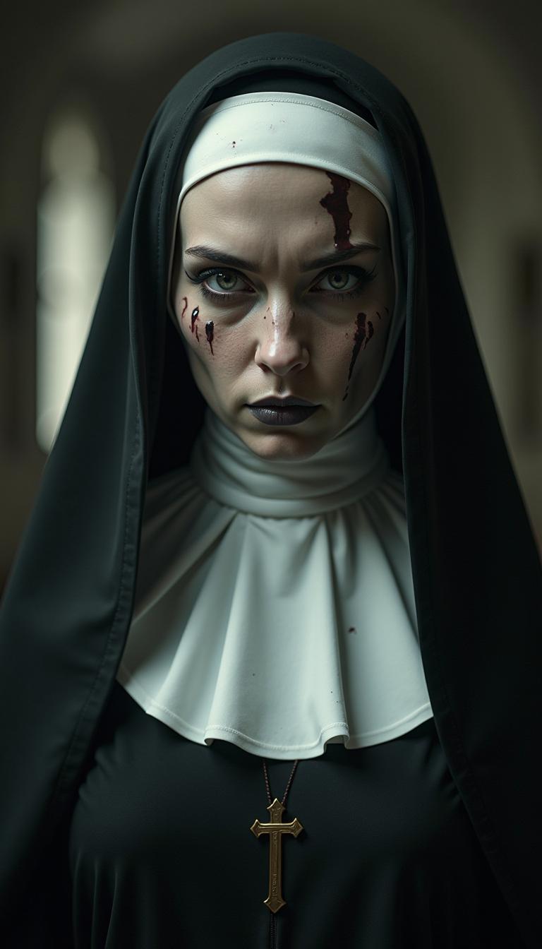 Create a chilling portrait of a horror nun, capturing a dark and eerie atmosphere. The nun should be depicted with a stern expression, her eyes piercing and unsettling. Her traditional habit is tattered and worn, contrasting with the pristine white of her collar. Shadows play across her face, enhancing the sinister vibe. Consider incorporating subtle elements such as a dimly lit background of an abandoned chapel, flickering candlelight, or ghostly apparitions to amplify the sense of dread. The overall color palette should include deep blacks, muted grays, and haunting whites, evoking a sense of unease.