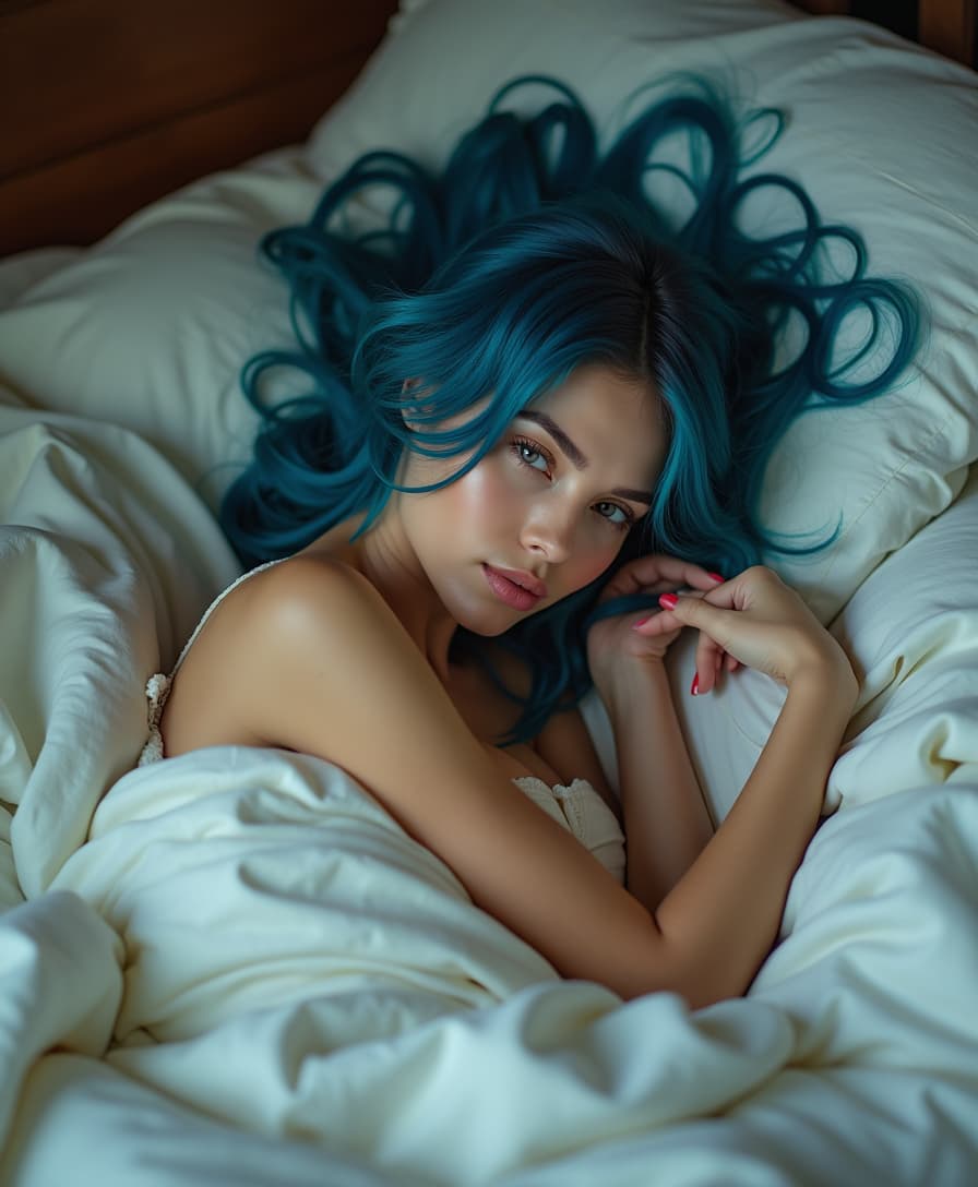 The image presents a serene and intimate scene featuring a blue-haired woman, gracefully reclining on a plush bed. The composition emphasizes her figure against the soft, rumpled sheets, which are in muted tones that contrast gently with her vibrant hair. The lighting is soft and diffused, creating a warm atmosphere that highlights the delicate contours of her body and the textures of the bedding. Framed in a close-up perspective, the focus draws the viewer's attention to her expression, conveying a sense of tranquility and vulnerability. This visual leans towards a fine art genre, merging elements of portraiture with a touch of sensuality, evoking feelings of both beauty and intimacy.
