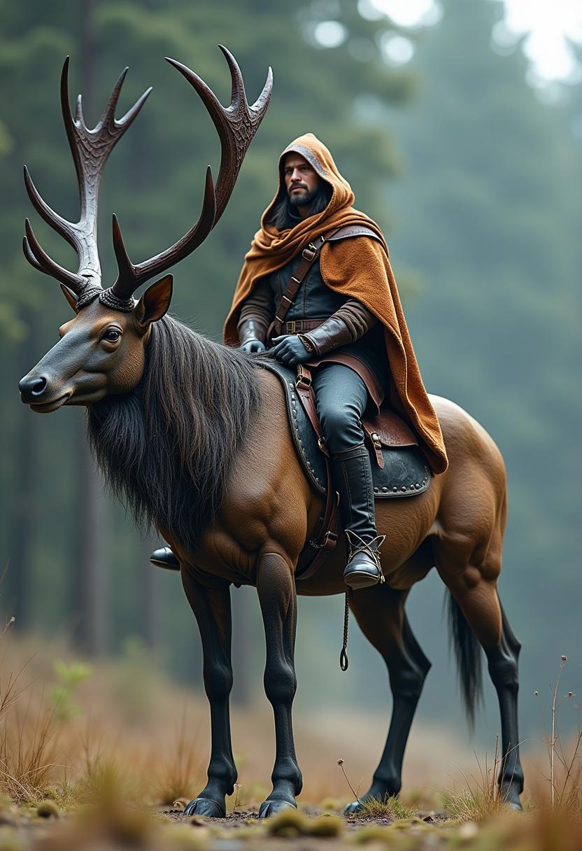 Ultra-realistic, lots of details, high quality, processing, high detail, clarity, very high res, 8k detailed, extremely sharp obsidian crab-stag hybrid that fuses the sturdy, imposing form of a stag with the rugged, armored shell of a deep-sea crab. Its antlers and carapace are etched with intricate, natural patterns and glimmer with hints of metallic sheen. The rider, donning a robust, earth-toned cloak, sits confidently as they command this imposing creature.