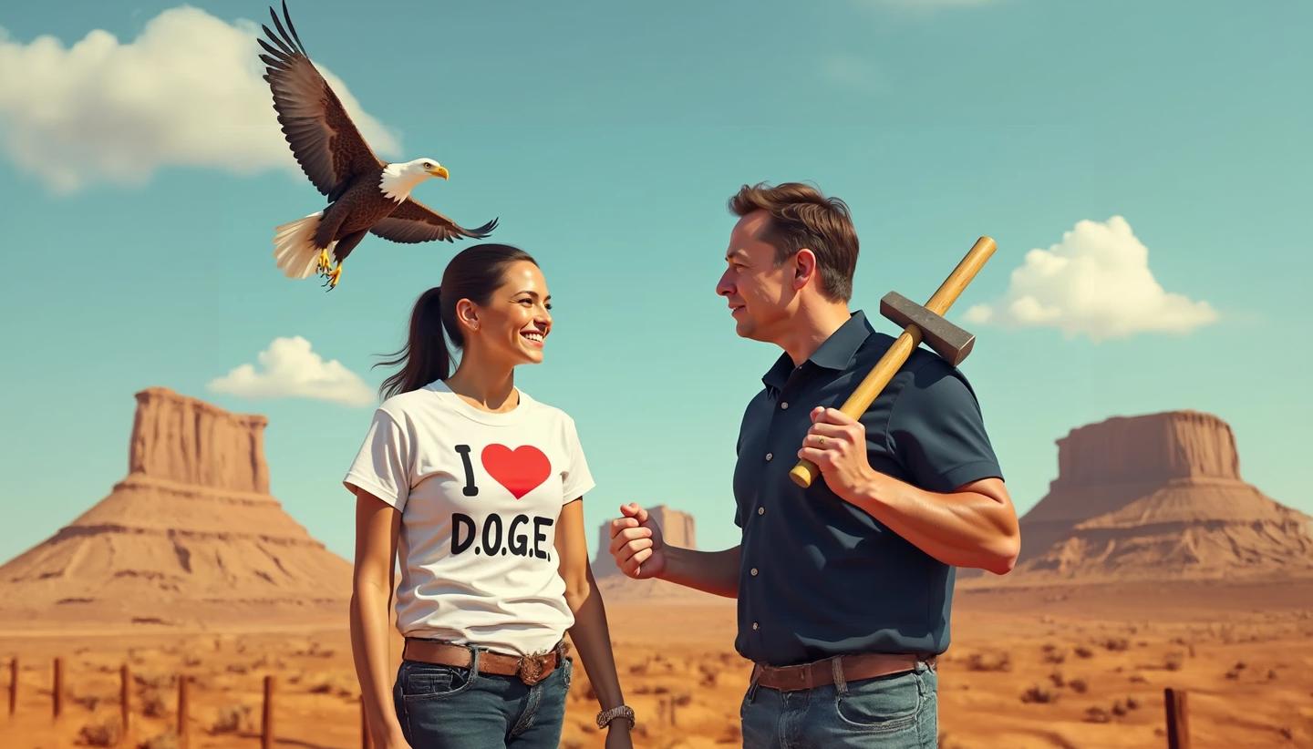 a photo of Alexandria Ocasio-Cortez wearing a shirt that reads I Love D.O.G.E looks lovingly at Elon Musk while he carrys a sledgehammer with an eagle flying overhead