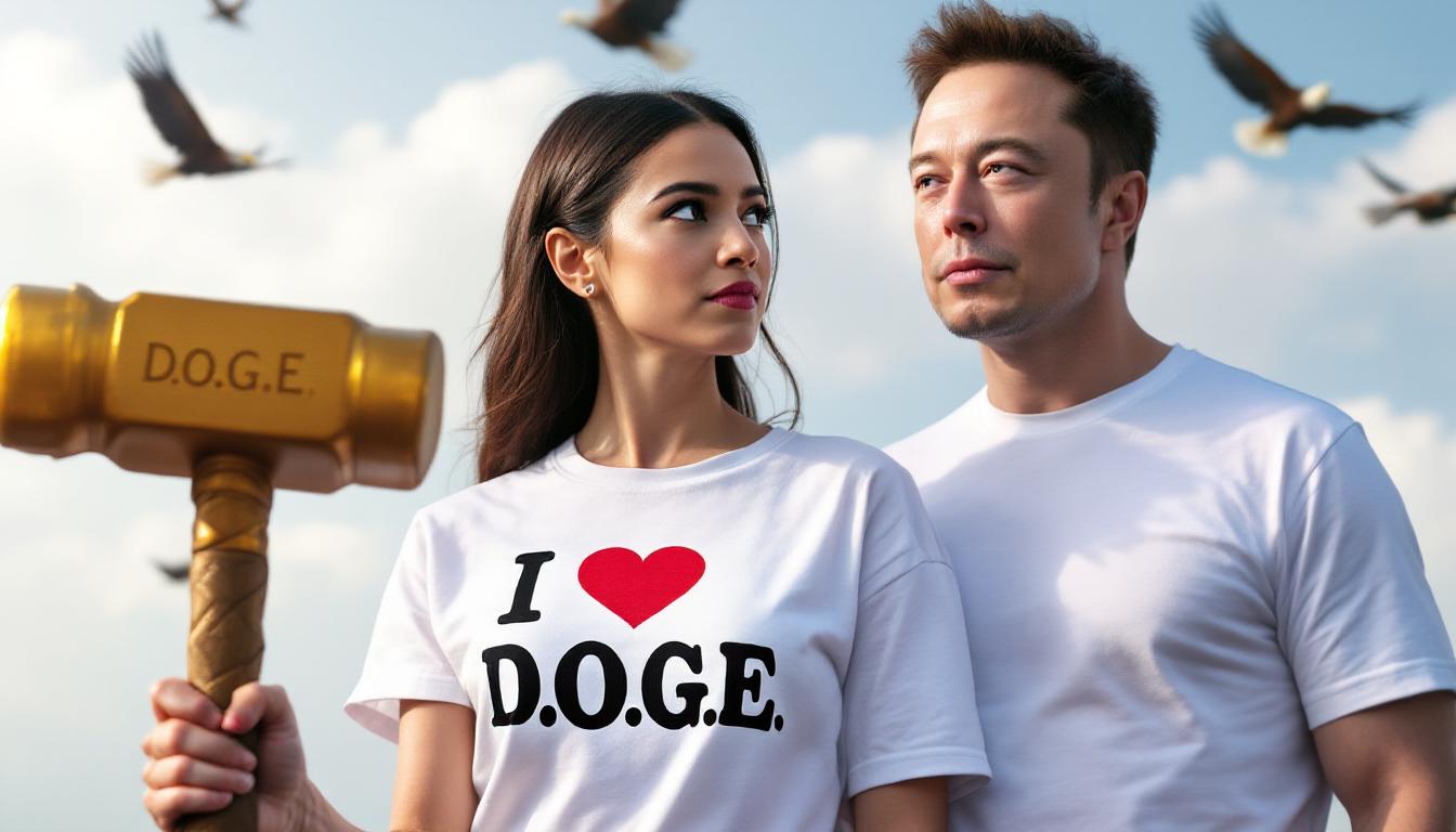 Create an Image with Alexandria Ocasio-Cortez AOC wearing a white shirt that says "I love D.O.G.E". AOC is looking lovingly at Elon Musk. Elon Musk is holding a Golden Hammer that says D.O.G.E on the side in bold letters. Eagles are flying in the background. Elon Musk is looking straight ahead at the viewer with a serious look on his face