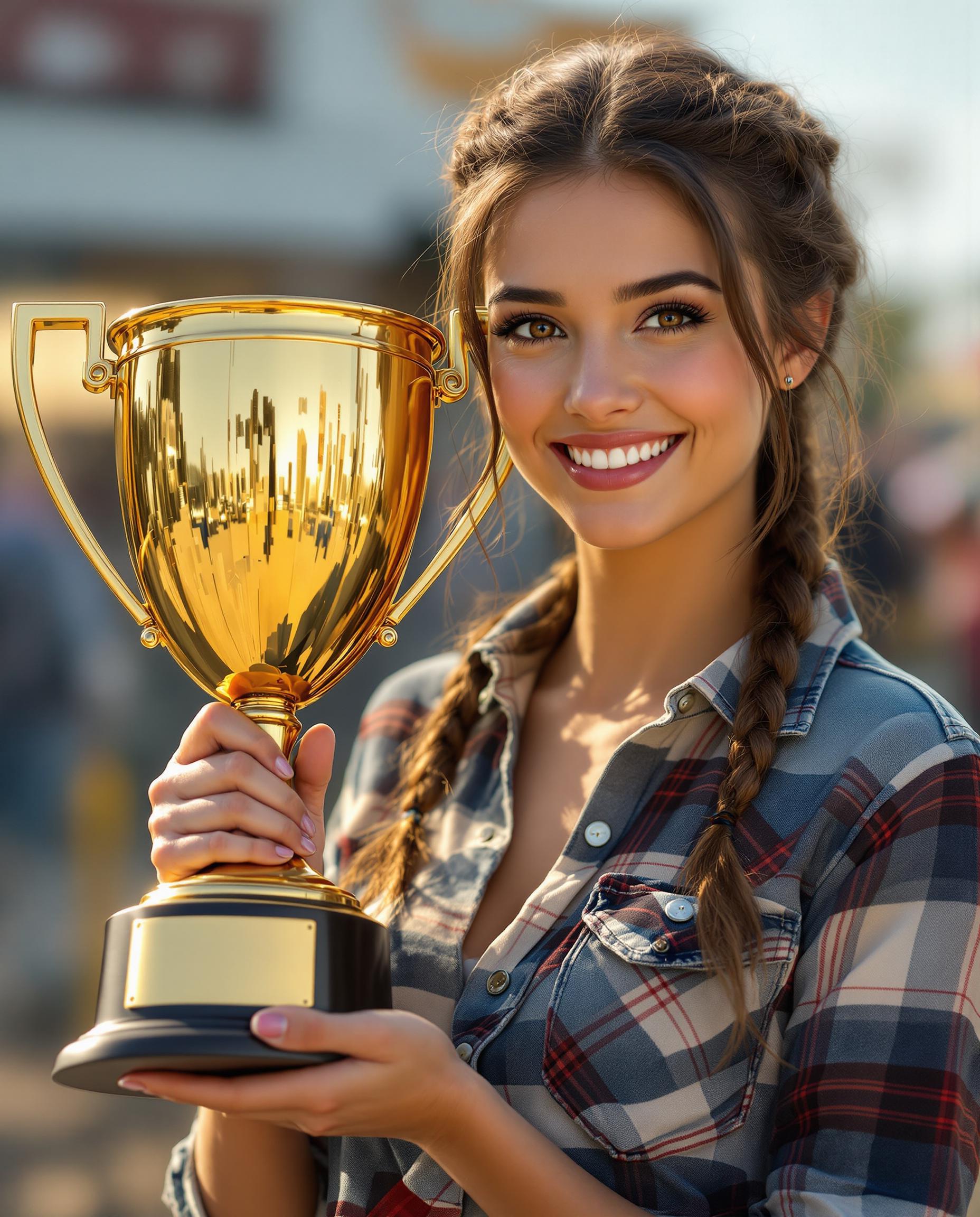 Create an image of a **young, brunette woman**, presenting a **large, gold trophy** directly to the viewer with a **wide, joyful smile**. She embodies the **ultimate girlfriend material** with her **cute** demeanor. Her attire reflects **Classic Americana**: she wears **blue jeans** and has a **flannel shirt** casually tied around her waist. Her **medium-length hair** is styled in **braids**, framing her **warm brown eyes**. 

**Setting**: The scene is set at a **Midwestern Competition** on a **sunny day**, capturing a **dreamlike, cinematic quality**. 

**Visual Details**:
- **Lighting**: Use of **golden hour** lighting to enhance the warmth and dreaminess, with a soft focus around the edges.
- **Colors**: Predominantly **warm earth tones** with the gold trophy standing out, enhancing the Americana feel.
- **Textures**: The denim of her jeans should show slight wear, suggesting authenticity, while the flannel shirt displays a lived-in look.

**Style**: Employ a **vintage Americana** style, reminiscent of **Norman Rockwell**'s illustrations but with a touch of **modern cinematic lighting**.

**Composition**: 
- **Subject Positioning**: She is slightly off-center, allowing space for the trophy to be the focal point.
- **Camera Angle**: A **slightly low angle** to make her appear more dynamic and engaging.
- **Framing**: A **medium shot** with a **shallow depth of field** to blur the background slightly, focusing on her and the trophy.

**Mood and Atmosphere**: 
- **Ambiance**: A **nostalgic**, **hopeful**, and **joyful** atmosphere, capturing the essence of small-town competitions and the American Dream.

**Technical Aspects**:
- **Focus**: Ensure sharp focus on her face and the trophy, with a gentle bokeh effect in the background.
- **Exposure**: High dynamic range to capture both the brightness of the day and the subtle details in her expression.
- **Lens**: Use a **50mm prime lens** for a natural perspective, enhancing the realism of the scene.

This image should convey a **cohesive**, **believable** scene where all elements work in harmony to evoke a sense of **nostalgia**, **triumph**, and **charm**.