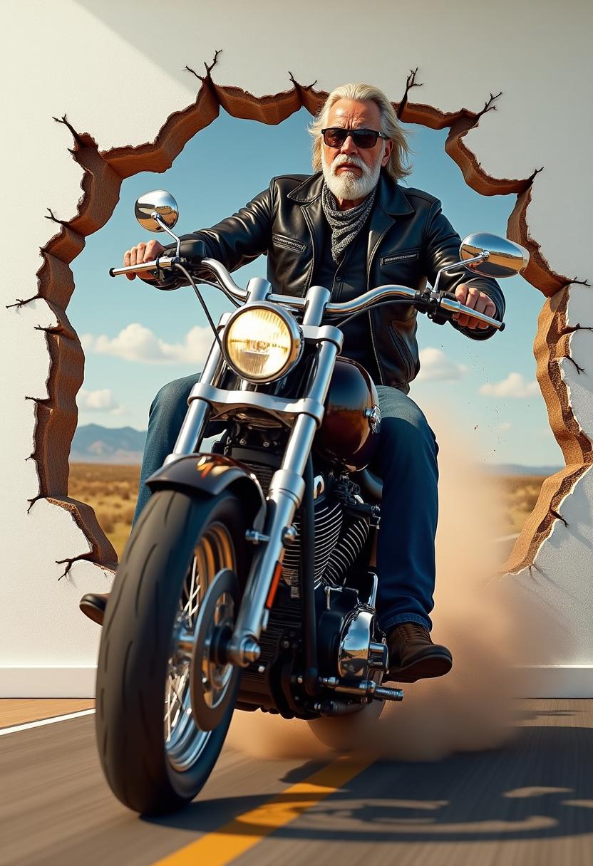 A hyperrealistic 3D wall mural depicting a Harley-Davidson motorcycle crashing through a white wall. The motorcycle bursts through with full force, its chrome details gleaming and reflecting light realistically. The perspective is slightly from the front and side, with the front wheel closest to the viewer while the rest of the bike recedes, creating a deep sense of perspective. A rugged Harley biker, aged between 55 and 65, rides the motorcycle. He has a thick beard, wears sunglasses, a leather jacket, and a bandana, embodying the classic biker look. Dust and debris fly in all directions as the bike smashes through the wall, reinforcing the illusion that it is emerging into the room. The biker has a confident, intense expression as if roaring onto the scene. Shadows and light reflections add realism, making the 3D effect even more immersive. The background behind the break in the wall suggests an open highway, adding to the feeling of speed and freedom