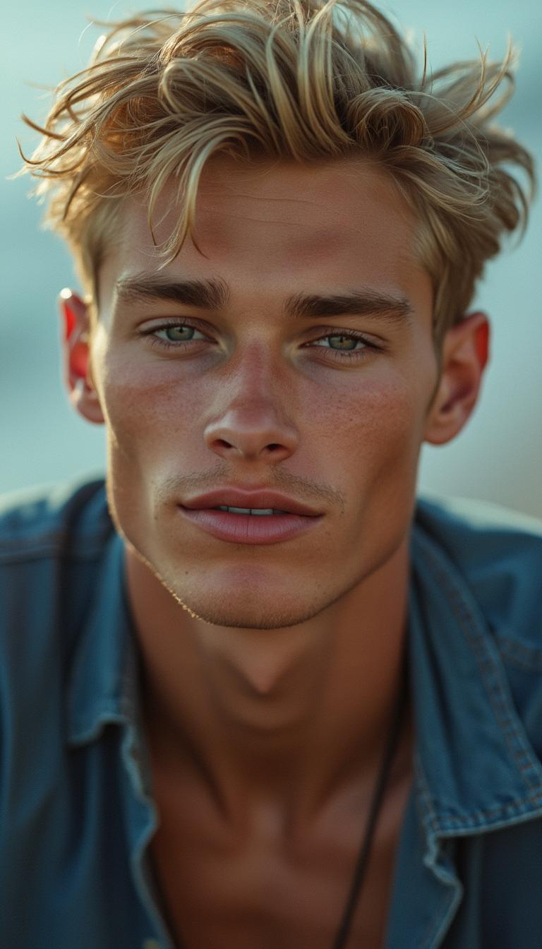 handsome 25 year-old male model, posing, fashion photoshoot, headshot, happy, hyperdetailed photography, skin details, intricate details, blonde hair, green eyes, cleft chin, full lips, high cheekbones, sunburnt