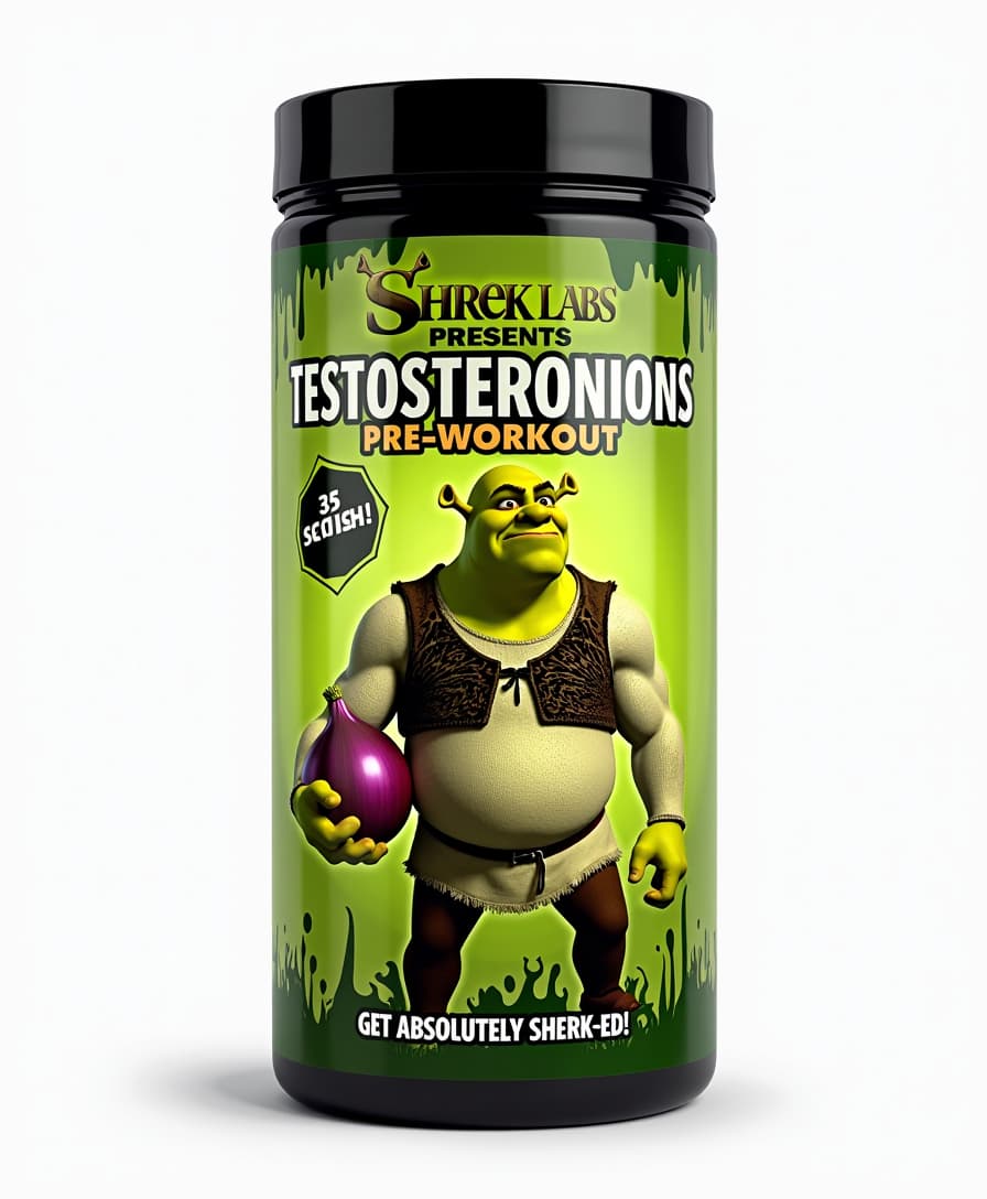 Design a bold, comedic preworkout supplement tub labeled 'SHREK LABS PRESENTS TESTOSTERONIONS', "Pre-workout", with a swampy, ogre-green background featuring cartoonish onion graphics and a high-energy vibe. Show the profile of an angry-faced Shrek flexing his insanely over-the-top steroid, bicep on the label. Include the text '35 Servings.' and at the bottom of the tub a tagline reads "Get Absolutely SHREK-ED!" in a Shrek-inspired style