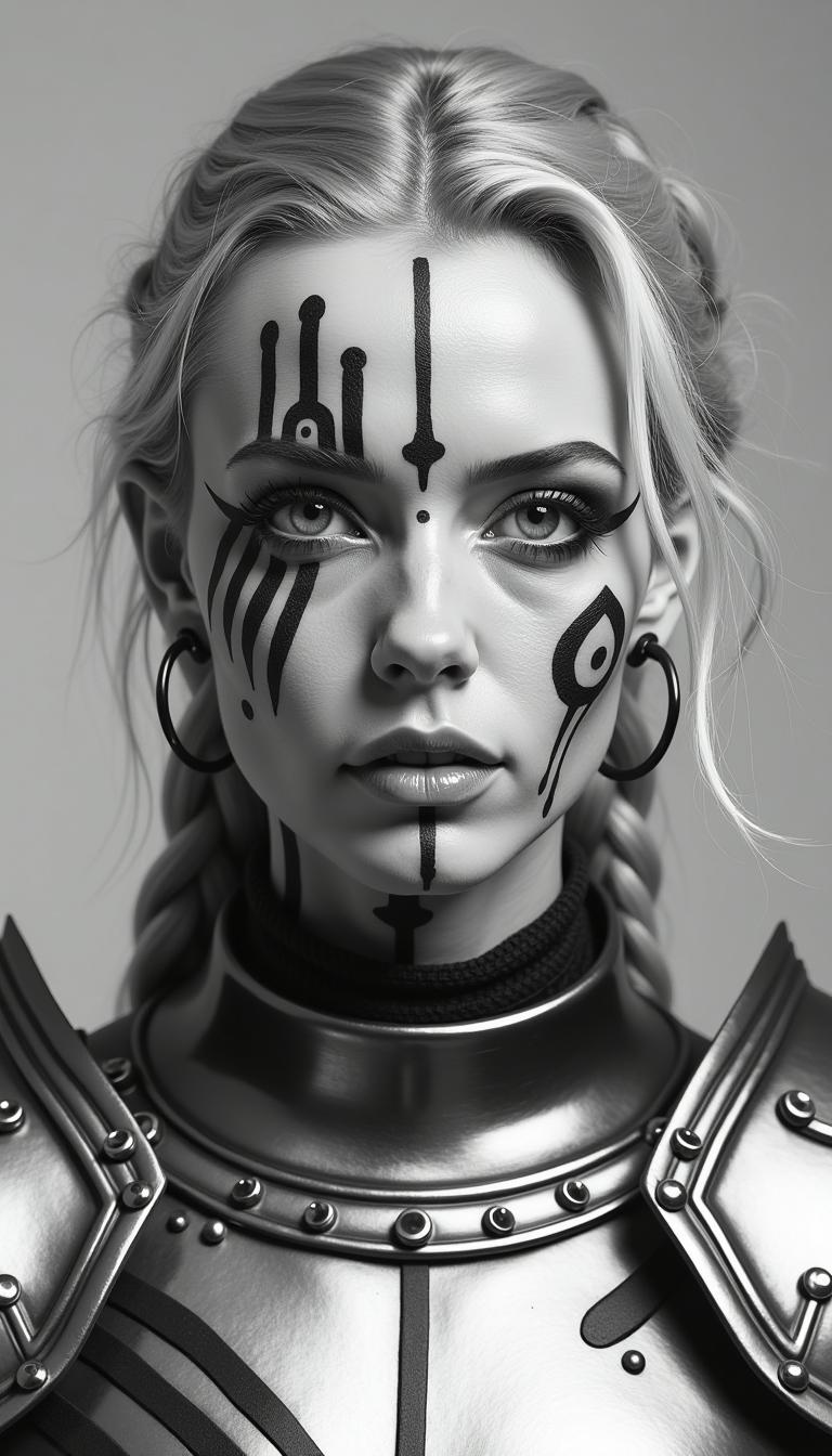 This is a high-resolution, black and white photograph of a european female Knight with an otherworldly, futuristic aesthetic. She has a light skin tone with a scattering of freckles across her face and a striking, tribal-inspired body paint or tattoo. The paint covers her face and neck, forming intricate geometric patterns and abstract designs, she IS wearing a silver polished spikey pauldron. Her hair is blonde and braided in a messy, loose style, with a few strands falling around her face. She wears large, circular ear gauges in her ears, which add to the edgy, avant-garde look. The background is a plain, gradient grey, ensuring all focus remains on her face and body art. The texture of the tattoos appears smooth and glossy, blending seamlessly with her skin. Her expression is neutral, with slightly downturned lips and a serene, almost detached demeanor, contributing to the overall eerie, alien-like atmosphere. The photograph is shot with high contrast and sharp focus, emphasizing the stark, geometric patterns.