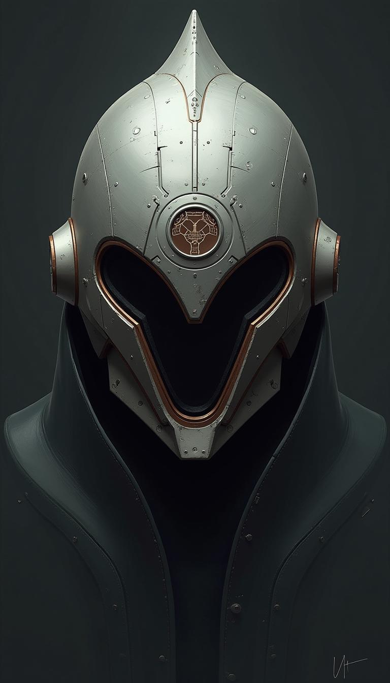 YFG-SRS, YFG-Taal, sharp photo of a digital illustration of a futuristic helmet. The helmet is made of metal and has a metallic sheen. It has a pointed top with a small finial on top. The front of the helmet has a large circular hole in the center, which appears to be a circular emblem. The emblem is made up of small circles and lines, and is surrounded by a dark brown border. The background is a dark grey color, and the overall mood of the image is ominous and ominous.