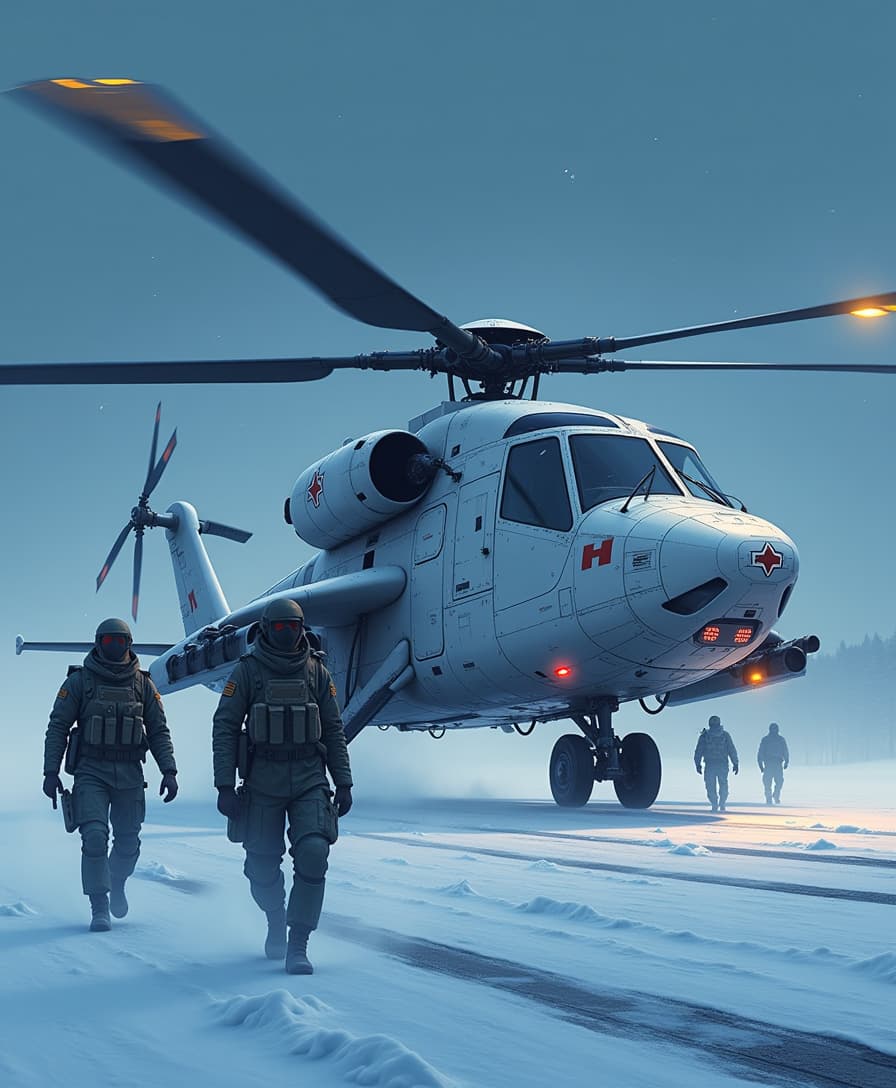 This is a digital artwork in the style of ckgr, highly detailed anime image of a group of soldiers approaching a futuristic, highly advanced attack helicopter on a military runway amid a snowy landscape at night. The hull is white and grey winter camouflage, with small red livery and military insignia details, and the helicopter has large guns mounted on the exterior; the cockpit shows glowing led lights, and has a large air intake, motion blur on the rotor blades (black with yellow highlights)