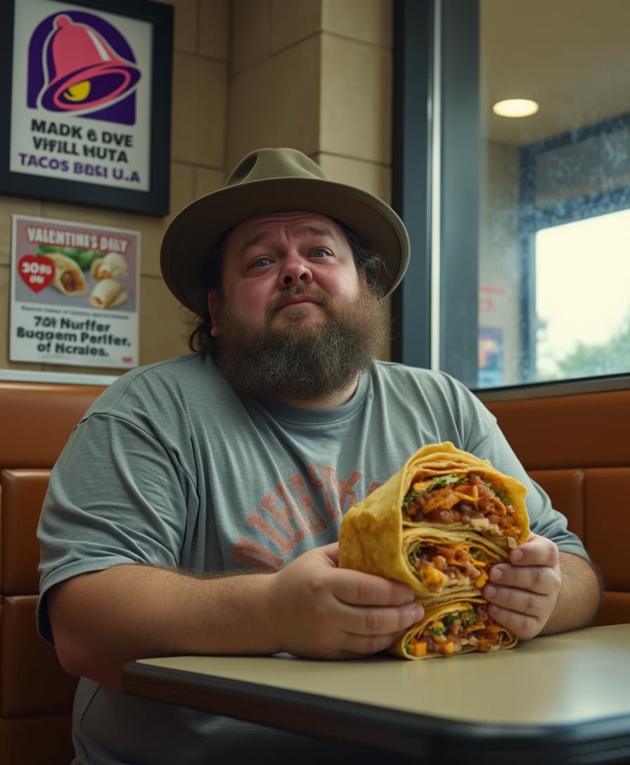 Photograph of an obese man with unkempt hair wearing a fedora and a tshirt sitting in a booth at Taco Bell holding an open breakfast crunchwrap with cross section of layered ingredients with fillings  inside a folded grilled toasted tortilla. The man is crying. There is a sign on the wall advertising a Valentine's Day special on tacos.