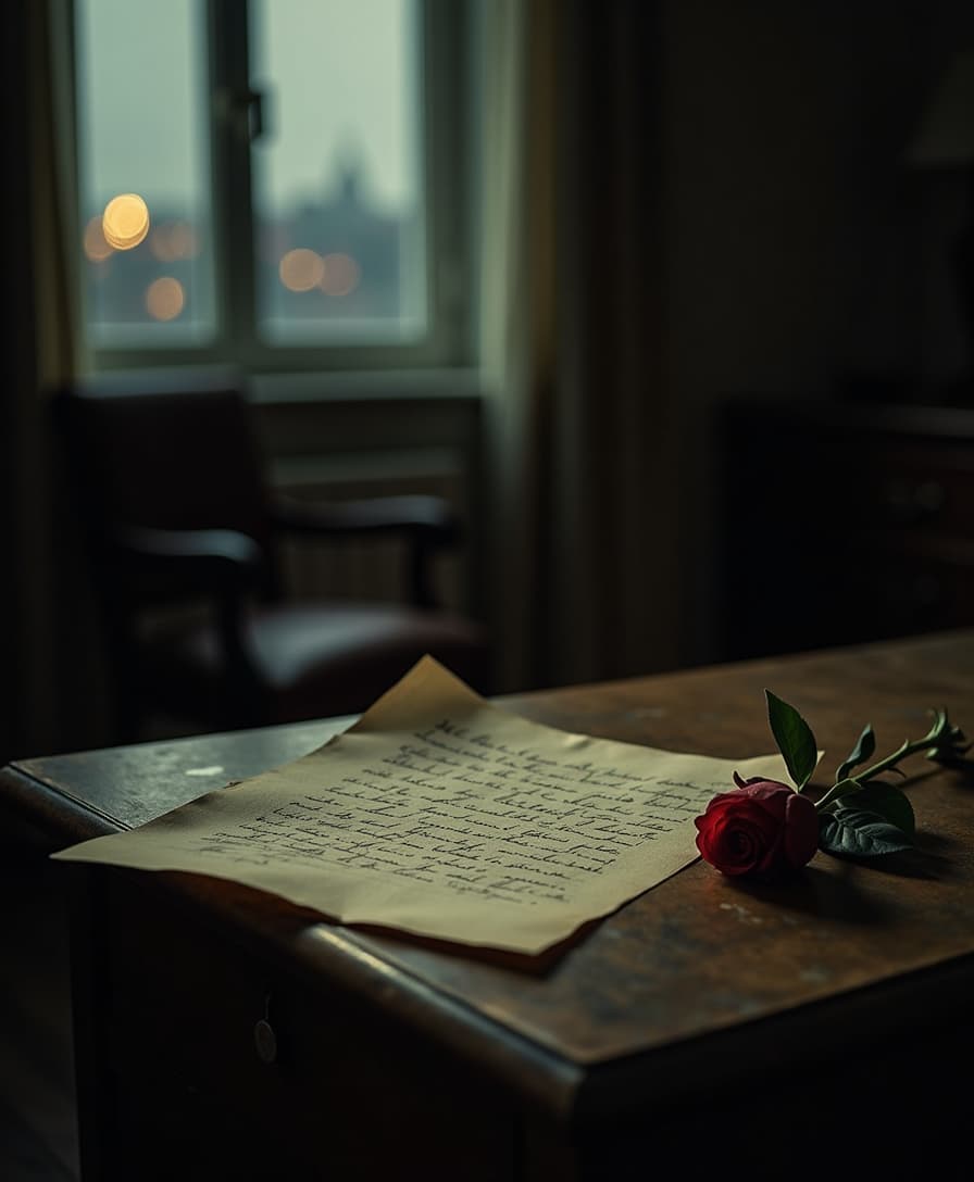 A dimly lit room holds the remnants of a love long gone. On a dusty nightstand, a faded love letter lies unfolded, its ink smudged by time and forgotten tears. An empty chair faces the window, where the soft glow of the city flickers in the distance, distant and indifferent. A wilted rose rests beside the letter, its petals brittle, mirroring the fragility of what once was. The air is thick with melancholic solitude, as if even the walls remember the echoes of whispered goodbyes.
