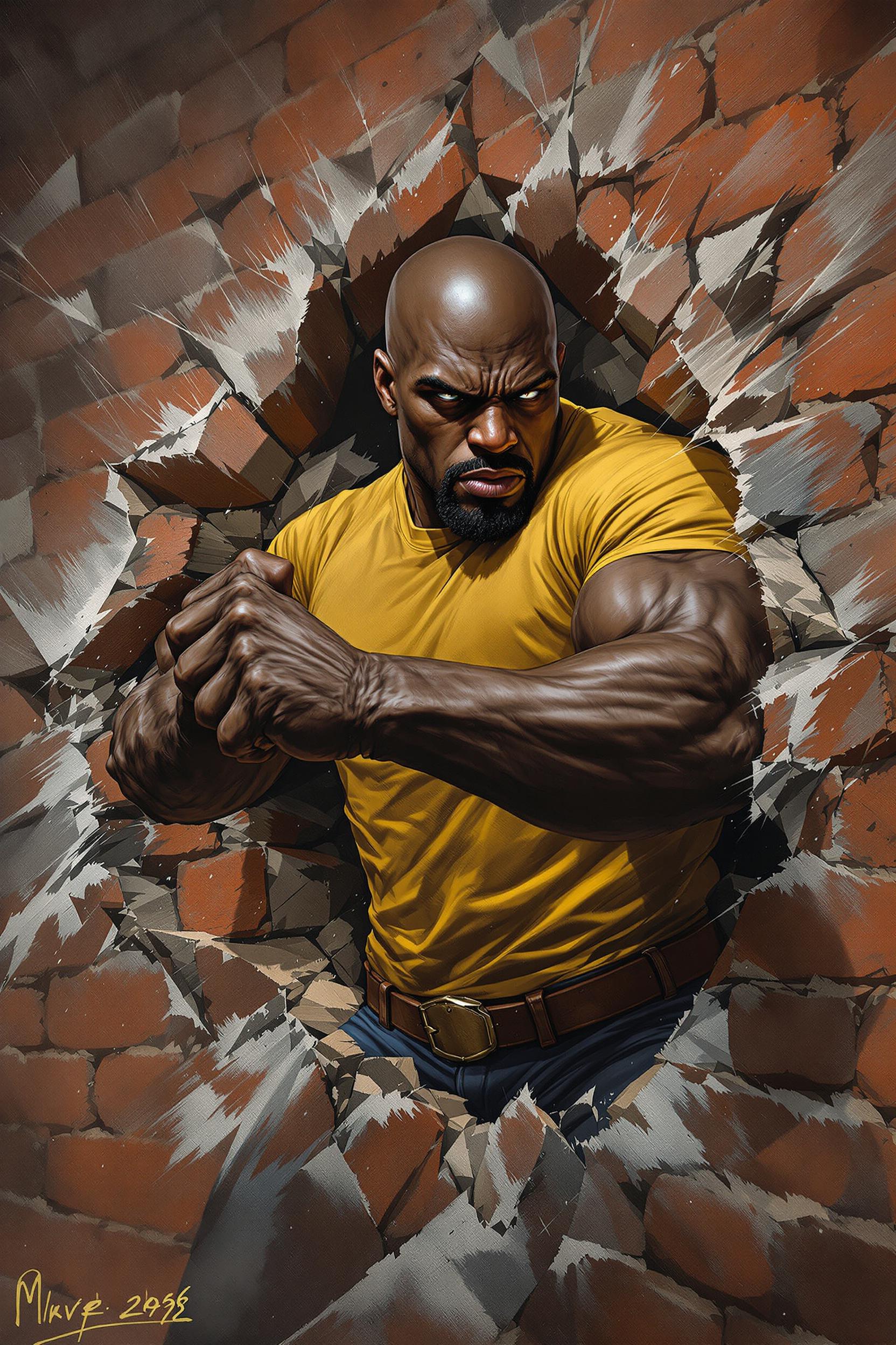 digital oil painting: marvel iconic luke cage screengrab; close up of muscular blackman punching through a brick wall, he is bald, wears a yellow t shirt, a brown belt, and blue jeans. ultra realistic, Dynamic view