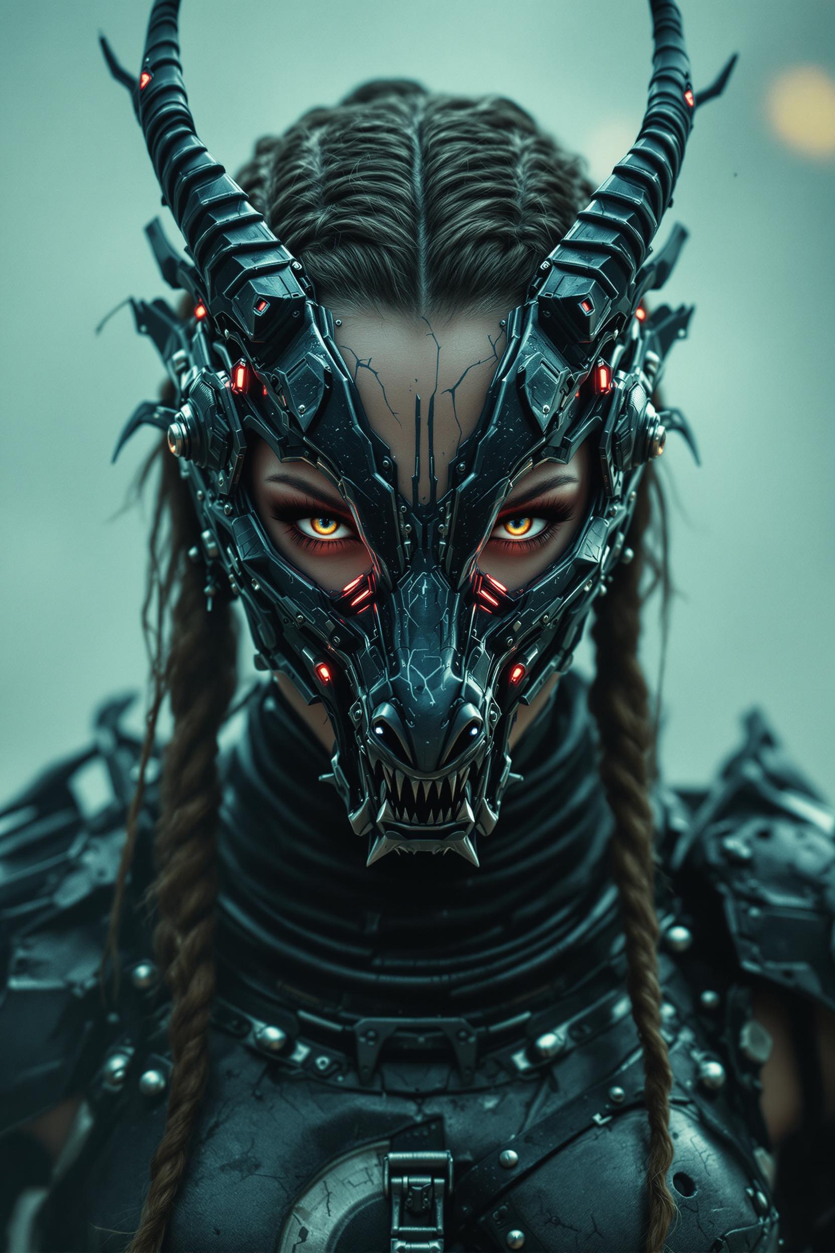 Analog movie still, dynamic angle. A fierce dystopian female survivor in armor, wearing a cyberpunk-styled high-tech mask featuring a sharp, sleek cyborg dragon head with neon accents. Braided hair, striking eyes, tattoos. Scratched metal textures, intricate details, cyberware and chrome implants. Background is dystopian world. Moody and noisy, fog and smoke, cinematic lighting, bokeh.


