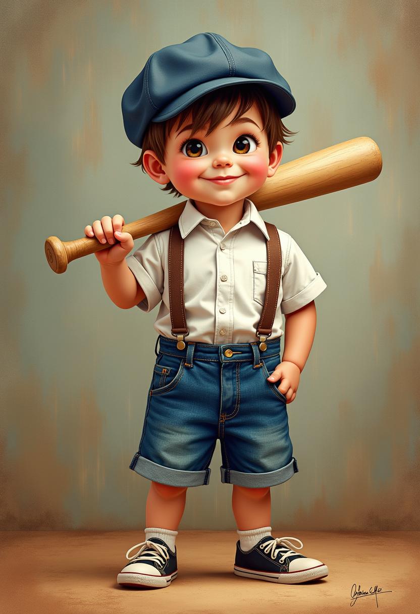 High Quality Image, a mischievous 3 yr-old boy. The child leans towards the center, sporting a sly smile. He wears a newsboy hat tilted to the side, suspenders and denim shorts. In one hand, he confidently holds a baseball bat, poised to launch a rock. The background showcases a blurred, muted baseball seam wall, rendered in a metallic oil ink and  acrylics style. A playful yet adventurous tone.