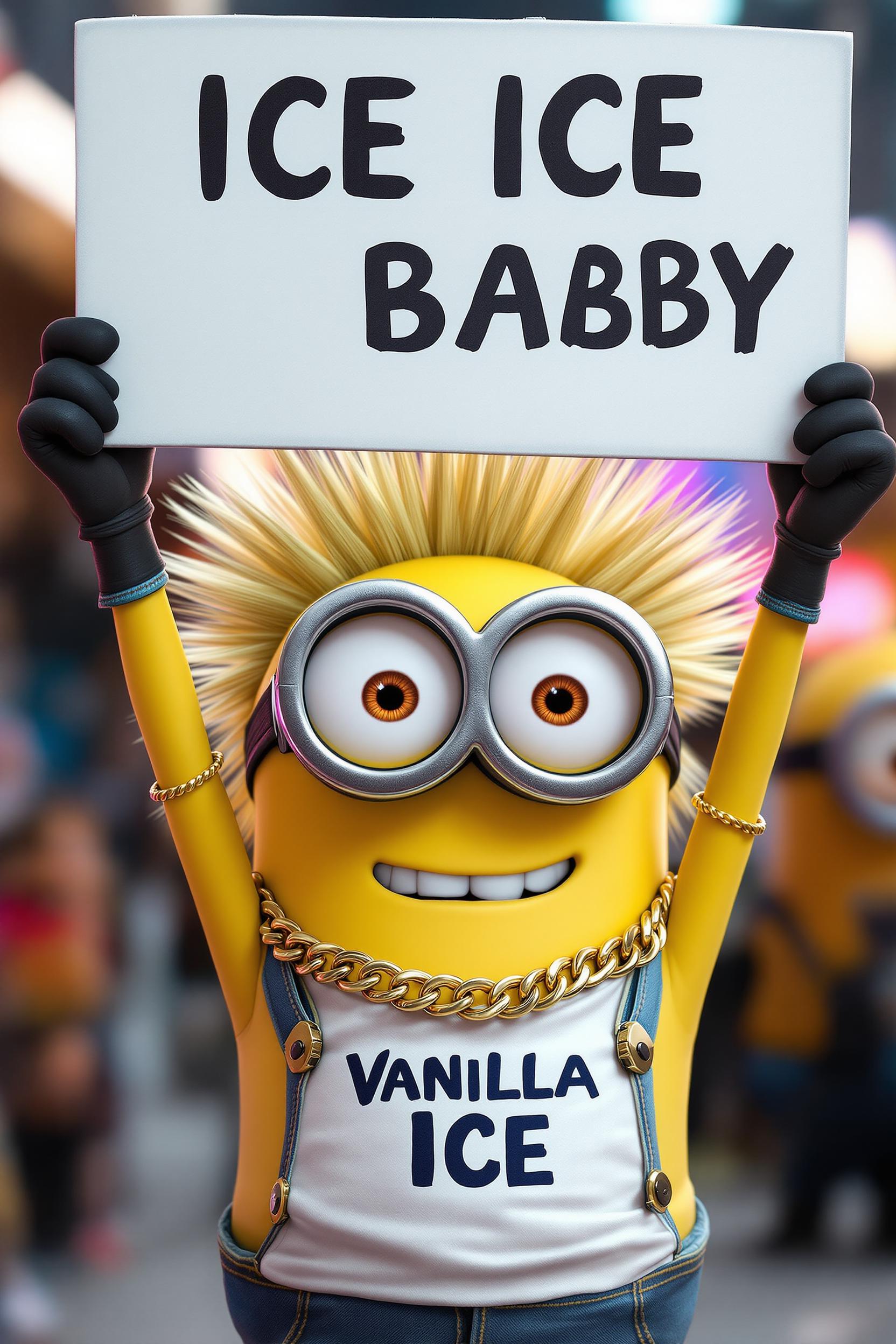 create an image of a minion dressed like the singer ICE, lost of blonde spiked hair, wearing a gold chain holding a sign above his head that reads "ICE ICE BABY" a t-shirt that reads "Vanilla Ice"