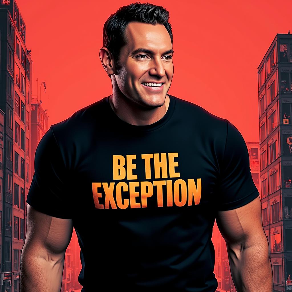 a photo of DH,comic book character, wearing a black BE THE EXCEPTION shirt