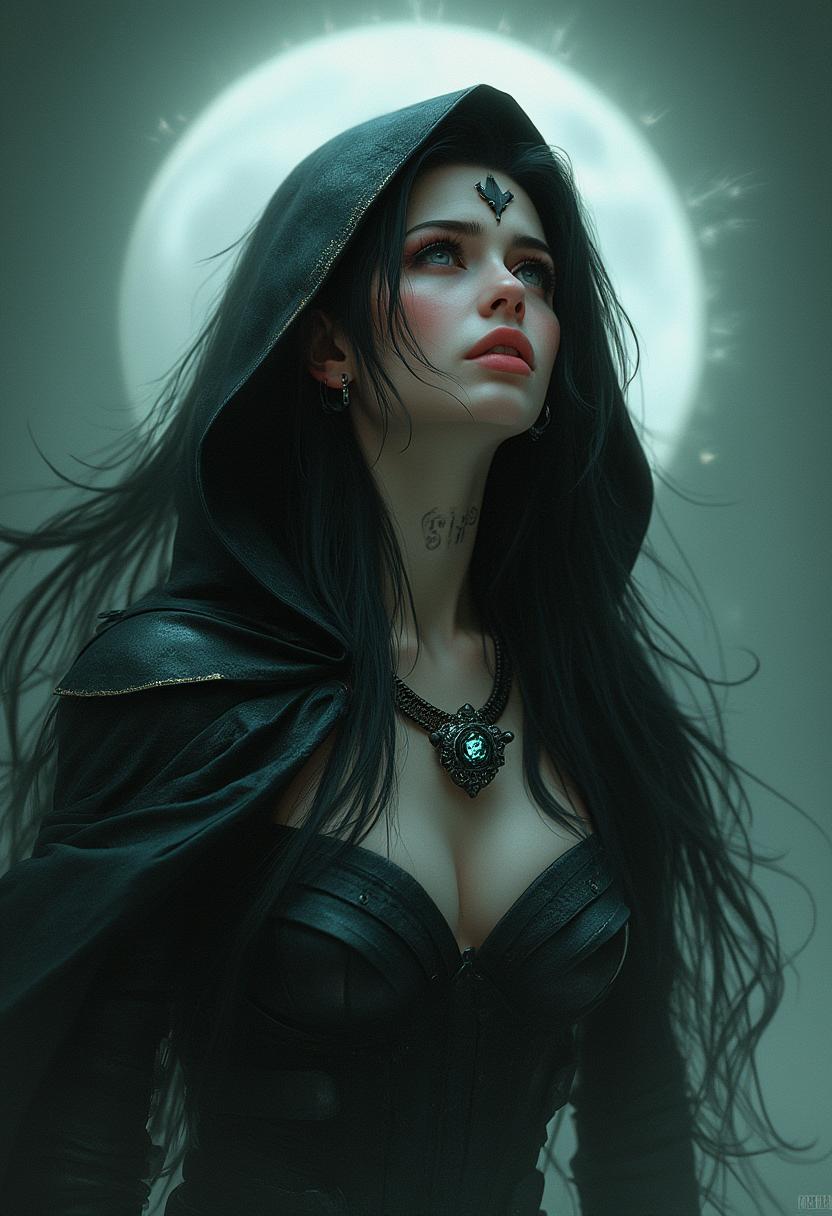 woman, 30 years old, long black hair, green eyes, score_9,score_8_up,score_7_up,score_6_up,ultra highres,masterpiece,ultra quality,, <lora:Concept Art Twilight Style SDXL_LoRA_Pony Diffusion V6 XL:1>,<lora:Expressive_H:1>,expressiveh, portrait, solo, half shot, looking up, detailed background, detailed face, (<lora:Concept - Blood Magic:0.5>,  blood,  bloodmagic theme:1.1),  mythical shadow-assassin,  cape, hood,  dark gray  armour,  black amulet emanating dark power, swift determination, encroaching shadows,  shadow manipulation,  dark  tattoos, sinister otherworldly glyphs,  dynamic movement,  shadowy dark ritual in background, dark color scheme,  shimmering moonbeam, cold wind blowing,  ominous atmosphere,,