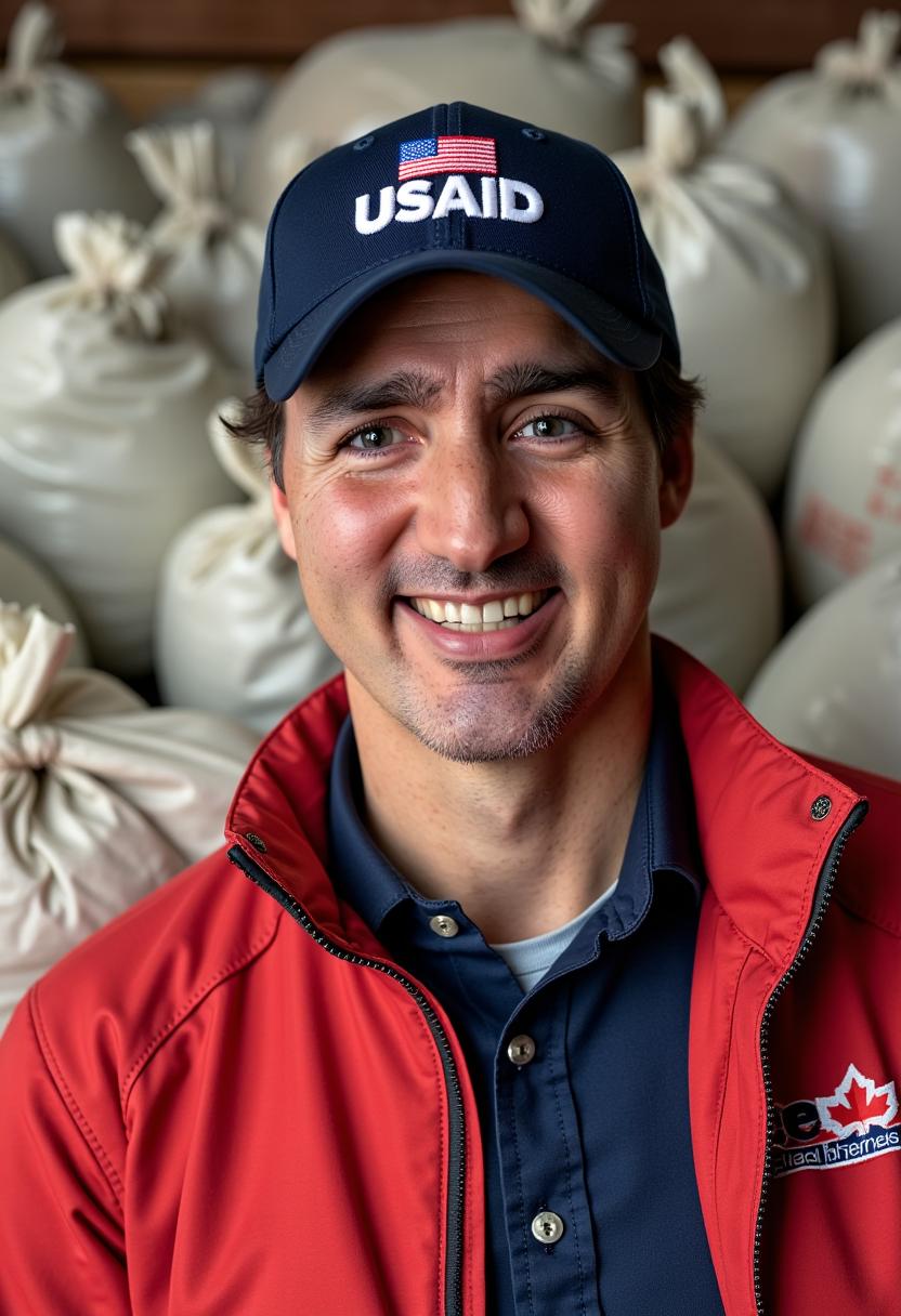 a photo of WACKO, wearing a baseball cap with the "USAID" logo on it.. background lots of bags of money with the Canada Liberals logo