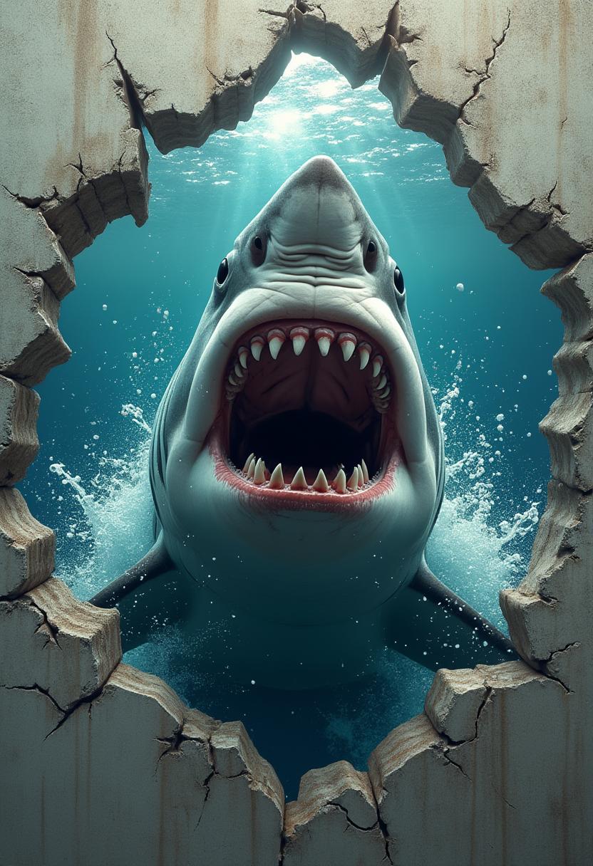A hyperrealistic image of a white shark breaking through a broken wall with sagged, broken concrete and torn stone edges. The shark pushes out of the picture even further and has a dramatic frontal perspective. His huge mouth is wide open and displays rows of knife-sharp teeth that glisten in the light. His penetrating eyes are highly concentrated and produce a terrifying and dynamic effect. The water splashes fiercely, as if the shark is breaking into reality with force. Behind the shark, a breathtaking underwater world can be seen, with deep ocean depths illuminated by shimmering lights penetrating from above. The colors of the ocean change from dark blue to turquoise, creating a contrast to the shark's gray-white tones. The broken wall structure reinforces the illusion of a real fracture and makes it look like the shark is actually invading the viewer's room.