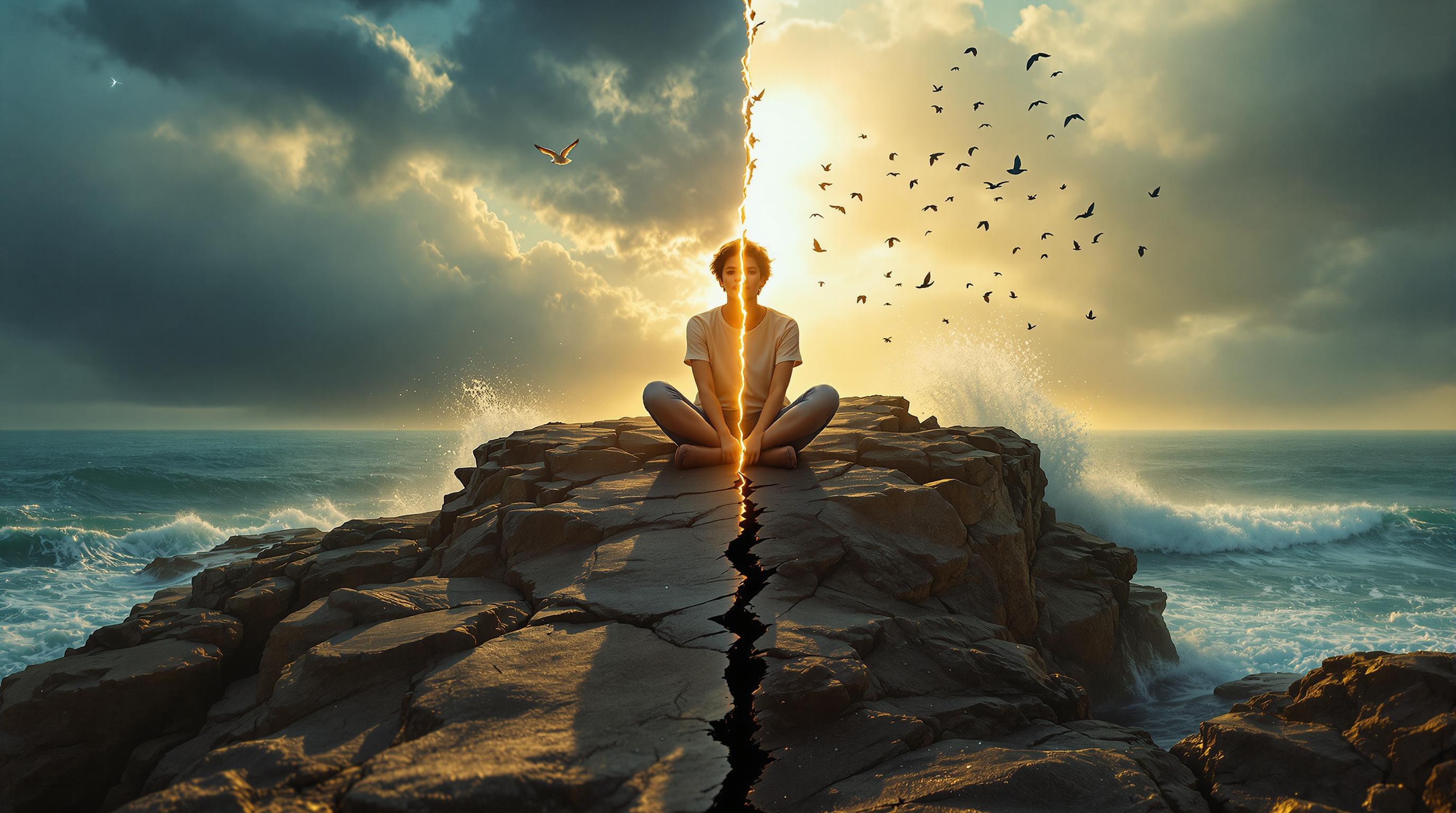 A cinematic, high-contrast image capturing the raw struggle between mental chaos and inner peace, designed as a powerful mindfulness therapy ad.
Subject:

A young adult sits cross-legged in an open landscape, suspended between two vastly different realities. They wear comfortable, neutral-toned clothing, yet their posture subtly betrays tension—one shoulder slightly raised, one hand gripping their knee, the other open and resting gently on their lap. Their face reflects a dual state: one eye calm, the other restless, as if caught between presence and turmoil.
Atmosphere & Lighting:

    Right Side (Serene Clarity):
        The air is soft and warm, touched by golden morning light filtering through a line of gently swaying trees.
        A mirror-like lake stretches into the distance, smooth as glass, reflecting the sky with dreamlike clarity.
        A single bird glides effortlessly above, wings outstretched, catching the sunlight.
        A few floating flower petals drift through the air, moving slowly, weightlessly.
        Their breath is visible in the cool morning air, slow and steady—a subtle indicator of mindfulness.

    Left Side (Cognitive Chaos):
        The air is thick and humid, almost heavy, with a subtle distortion—like heat waves warping the space around them.
        The lake on this side is gone, replaced by fractured, muddy ground, the cracks forming fluid, shifting patterns that refuse to stay still.
        The trees here are twisted and gnarled, their branches curling in on themselves, reaching without purpose.
        Instead of a bird, a swarm of restless black silhouettes flicker in and out of existence, as if caught in a time loop.
        Small, scattered scraps of unreadable handwritten notes drift through the air, some dissolving into the air before hitting the ground—memories, thoughts, unfinished sentences lost to the disorder.

Surreal But Subtle Details (Cognitive Duality):

    The subject's shadow behaves differently on each side—on the right, it's soft and natural, on the left, it's stretched and fragmented, barely clinging to their form.
    Their reflection in the lake exists only on the right side—on the left, the ground absorbs it completely.
    Their hair moves differently—on the right, gently swayed by a soft breeze; on the left, strands stand on end slightly, like static is pulling at them.
    On the right side, their breathing is steady. On the left side, their breath is visible but disperses in erratic, broken patterns.

Composition & Visual Flow:

    Seamless Transition: Rather than a harsh divide, the contrast between the two states is fluid and creeping, like reality subtly shifting between stability and disorder.
    Camera Angle: Eye-level shot, making the viewer feel directly connected to the subject, immersed in their experience.
    Framing: The subject is placed slightly off-center, allowing the background’s transformation to pull the viewer’s eye across the scene naturally, without feeling forced.
    Depth of Field: The figure is sharp, while the chaotic side has a subtle motion blur, reinforcing the sense of mental instability without making it seem too unreal.

Mood & Emotion:

    Dramatic yet immersive—the scene must feel like a moment frozen in time, the split-second before the subject makes a choice: sink into the storm or move toward clarity.
    The chaotic side is unsettling, but not in a supernatural way—it mirrors the way anxiety and mental overload feel, creeping in at the edges rather than overtaking everything at once.
    The peaceful side is not just “calm” but inviting—it feels within reach, like something the viewer can step into.