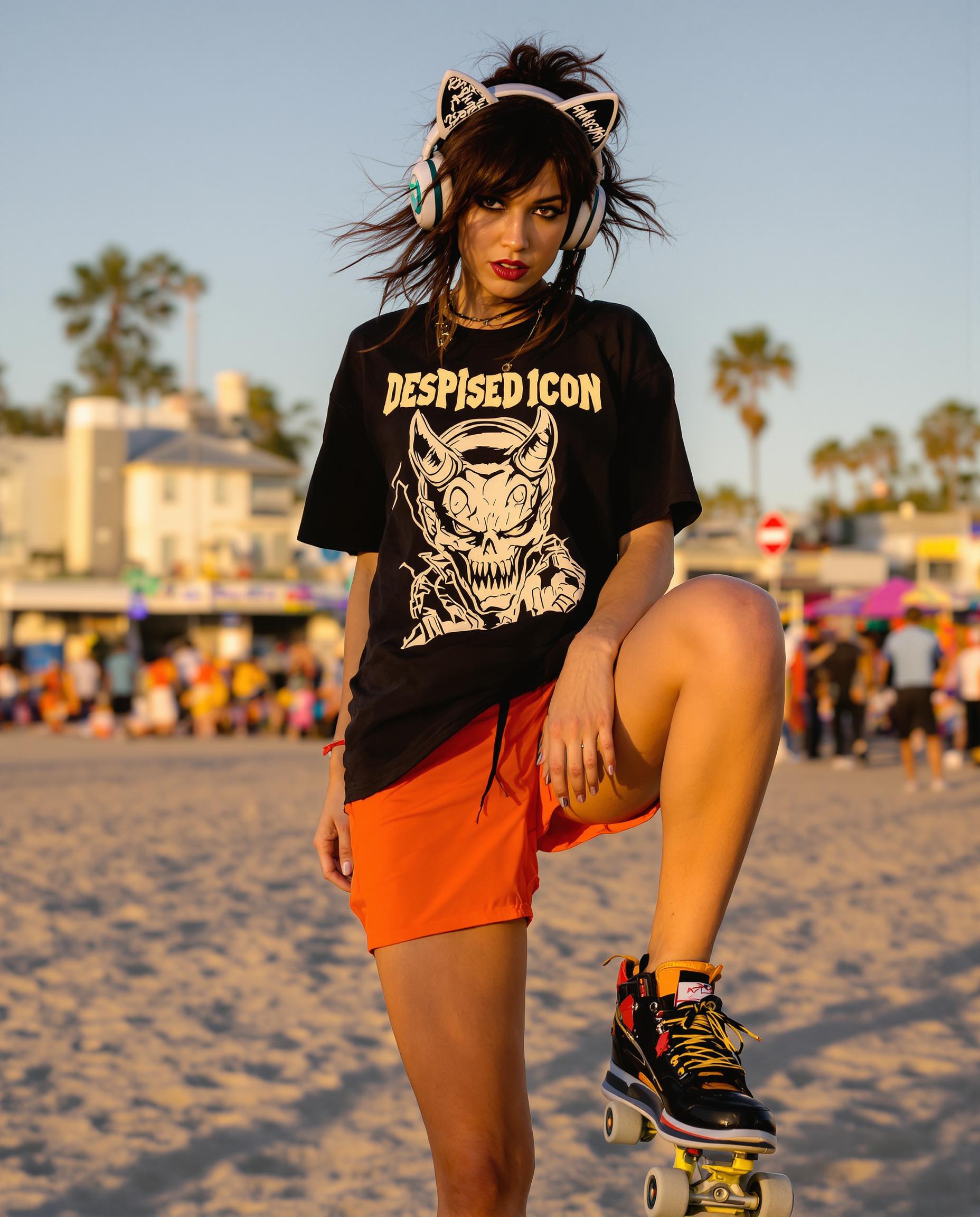**Prompt:**

A dynamic full-body portrait of a young, punk-inspired woman in her late 20's, exuding a confident and rebellious vibe. She stands on razor skates at Venice Beach, California, at golden hour, where the setting sun casts a warm, vibrant glow on her skin and the surrounding environment. 

**Visual Details:**
- Her hair is a rich, untamed brunette, styled in a messy, yet stylish manner that complements her punk aesthetic. 
- She wears bright orange shorts, capturing the eye with their vivid hue against the beach's natural tones.
- Her black t-shirt features a bold graphic of a demon with the text "Despised Icon" in a grunge-inspired font, adding to her edgy look.
- Over her ears, she sports oversized headphones with whimsical cat ears, adding a playful yet ironic touch to her outfit.
- Her skin shows the subtle sheen of sweat, reflecting the light to highlight her athletic build.

**Style:**
- Capture this scene in a style reminiscent of modern street photography, focusing on candid moments with high contrast, and a slight graininess to convey the urban, raw energy of Venice Beach.

**Composition:**
- The woman is captured in a dynamic pose, with one leg bent, showcasing her skill on the razor skates, her body slightly turned to the side, but her gaze directly engaging the viewer, creating a sense of interaction.
- The camera angle is slightly low to emphasize her height and the freedom of movement, with a shallow depth of field to blur the bustling background of the beach.

**Mood and Atmosphere:**
- The atmosphere is lively and energetic, with the beach's crowd in the background, creating a contrast between her personal space and the vibrant public setting. 
- The time of day is just before sunset, enhancing the mood with a golden, almost ethereal light that softens the scene.

**Technical Aspects:**
- Utilize a fast shutter speed to freeze her motion, ensuring clarity in her pose against the backdrop of a busy, moving environment.
- Employ a wide aperture for a shallow depth of field, focusing sharply on her while allowing the background to blur, emphasizing her as the central figure.

**Cohesion:**
- All elements should work in harmony to create a believable scene at Venice Beach, where the punk aesthetic meets the carefree spirit of beach culture, resulting in a unique, visually compelling image.