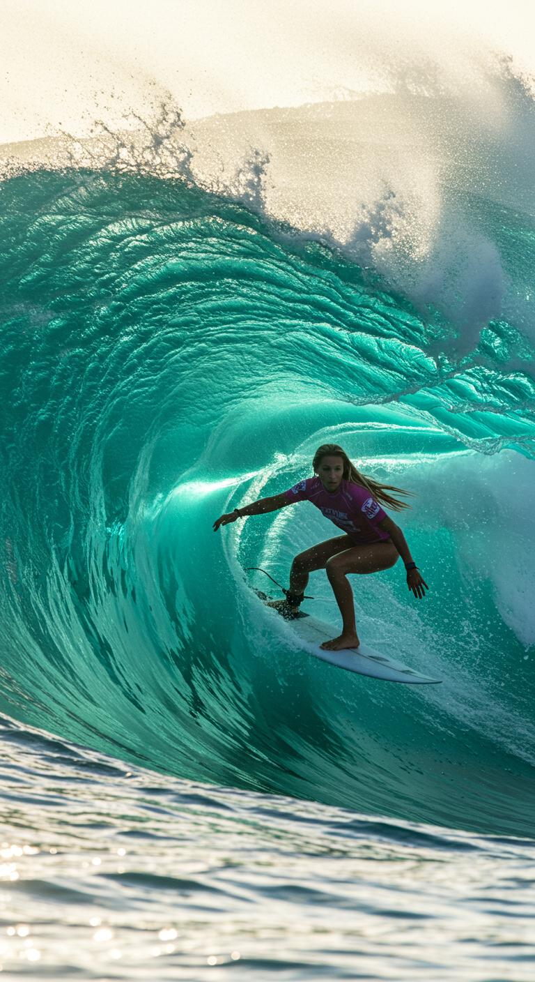 hyper detailed, intrinsic detailed, 8k, UHD, surfer girl with long blond hair, tanned skin, on surfboard in the middle of a huge wave, action photo, bokeh 