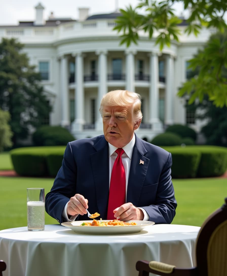 Donald Trump sitting on a garden table in front of the White House and eating lunch