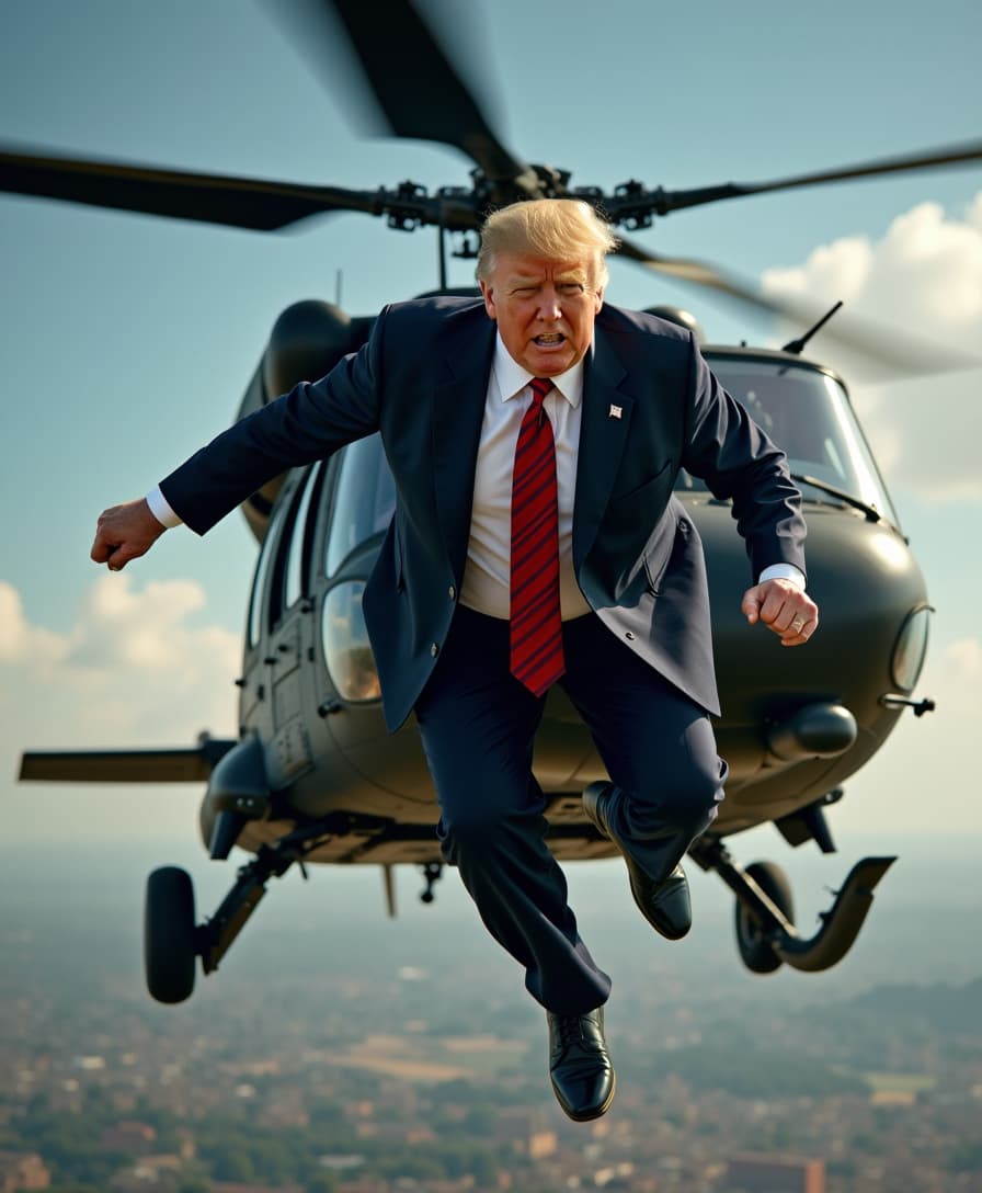 Donald Trump as parachutist jumping out of a Black Hawk helicopter