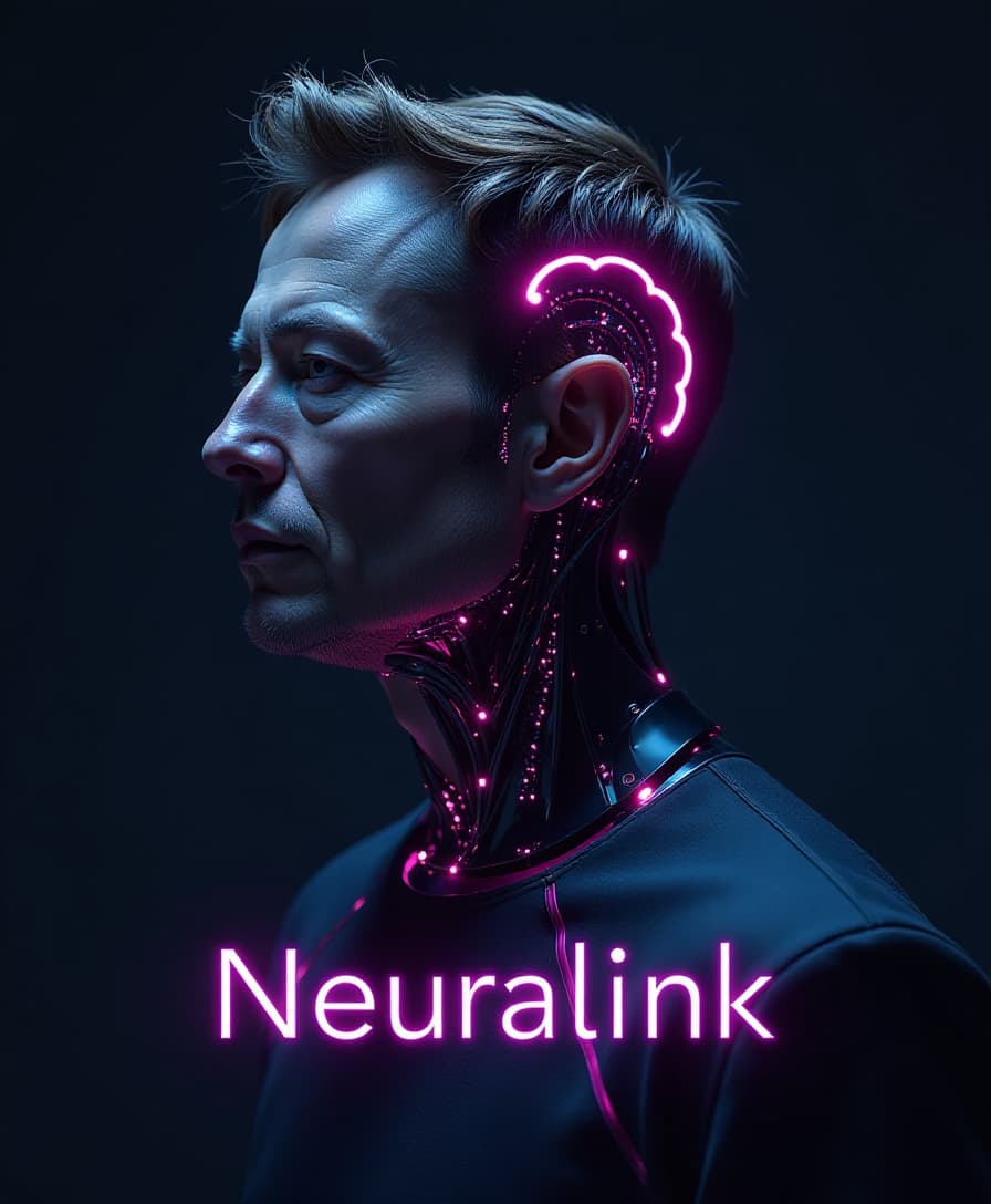Logo in neon letters: "Neuralink", Futuristic humanoid half Elon Musk, half robot, image titled with text "Neuralink", dark background