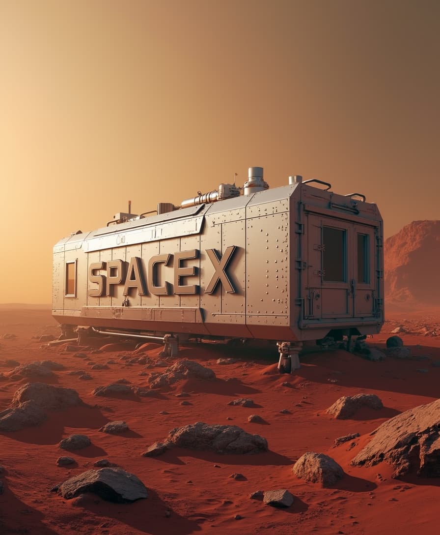 Logo in modern letters: "SpaceX", Futuristic container laboratory on the surface of planet Mars