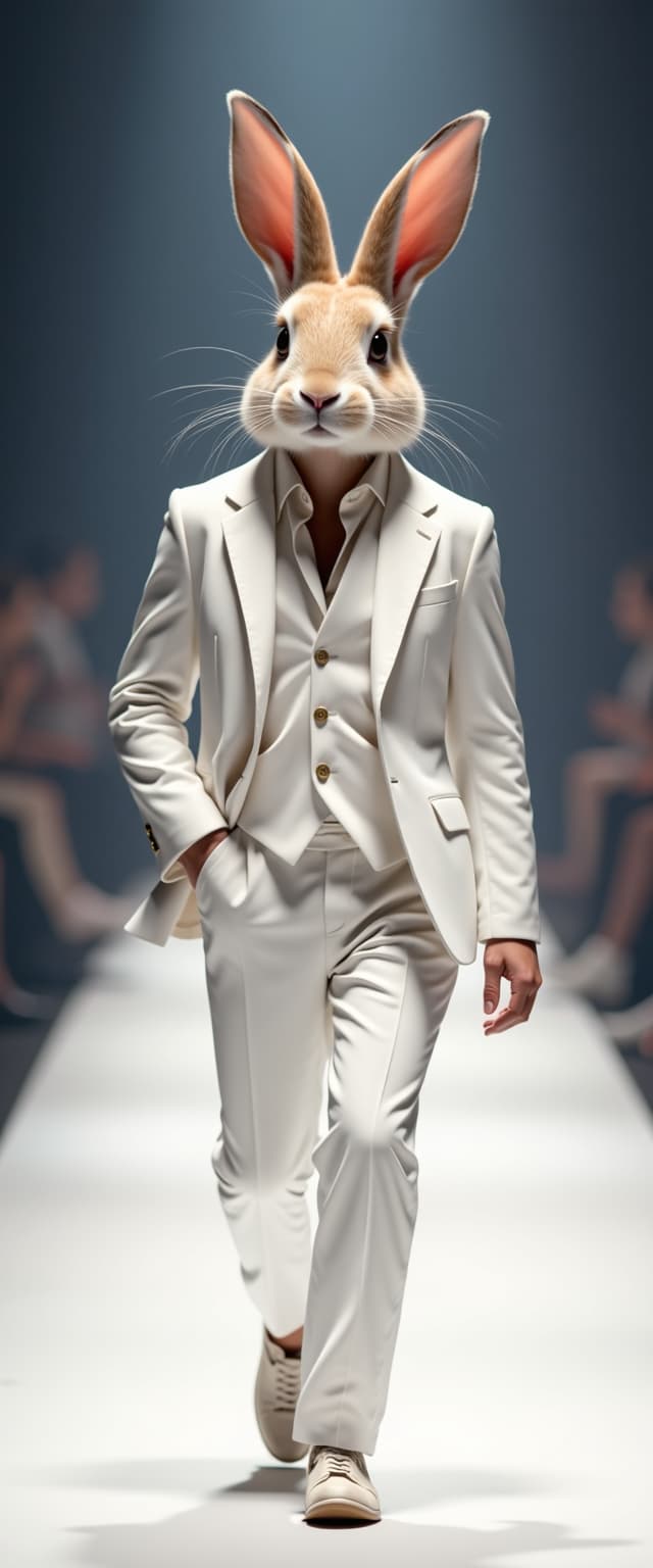 A stylish anthropomorphic rabbit confidently walks down a runway like a fashion model. It wears an elegant all-white outfit—a tailored blazer, crisp trousers, and polished shoes. Its fur is neatly groomed, and it sports a trendy, well-styled haircut. The rabbit's long ears add to its charm as it struts with confidence. The runway is illuminated with soft lights, highlighting its fashionable presence. The background is blurred, focusing on the rabbit’s graceful walk and stylish attire."
