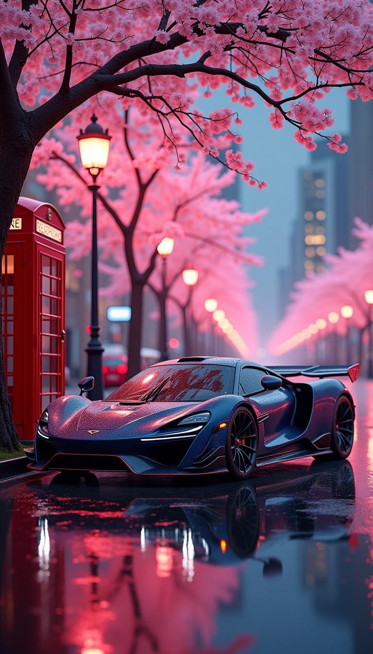 A hypercar parked under the soft pink glow of cherry blossoms on a rainy evening. The wet pavement reflects the neon city lights, creating a dreamy, cinematic scene. A classic red telephone booth stands nearby, adding a nostalgic urban touch to this fusion of speed and serenity.
