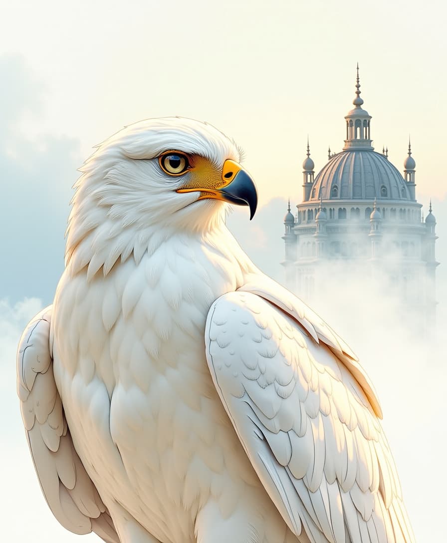 A majestic white hawk, painted in soft watercolor strokes, with smooth plumage combining white and golden accents, radiates elegance and strength. His sharp, calm eyes reflect wisdom and confidence, while his noble expression adds majesty to the image.

In the background, the silhouette of a luxury residence rises through a light haze, executed in a delicate watercolor technique and contrasting harmoniously with the falcon. The sky is colored in gentle blue shades, smoothly transitioning into sunny fog, which creates a peaceful and at the same time dynamic atmosphere. The color palette includes soft white, warm neutral tones, muted blue and golden accents that convey a sense of peace and strength.
