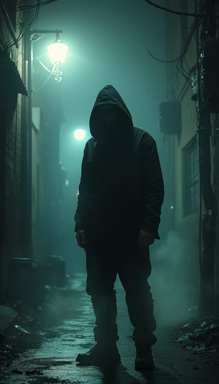 A mysterious, shadowy figure standing in a dimly lit alley. His face is obscured by darkness, with only a faint smirk visible under a hood or hat. He wears dark clothing, blending into the surroundings, and his posture is unsettling yet calm. A cold mist surrounds him, and the eerie glow of a streetlight casts long shadows on the ground. The atmosphere feels tense, as if he's waiting for something—or someone