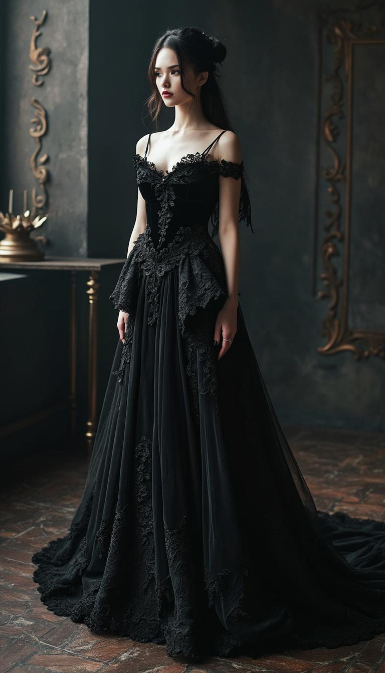 Dramatic, high-contrast, fashion photography featuring a stunning black Gothic-inspired evening gown, meticulously crafted with intricate lace, velvet, and ornate details, showcased against a dark, mysterious, and luxurious backdrop, with subtle, moody lighting accentuating the opulent textures and folds of the garment, capturing the essence of high-end couture and sophistication, with the model's slender figure and elegant posture exuding confidence and refinement, her porcelain skin and raven-haired locks a striking contrast to the dramatic, floor-sweeping silhouette, the overall mood evoking Old World romance and mystique, perfect for high-end fashion marketplaces and editorial spreads.