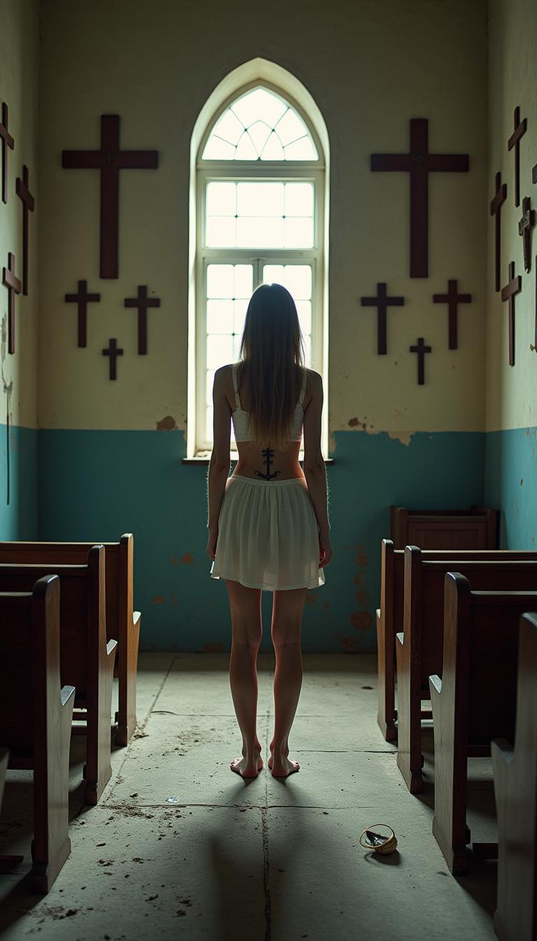  photograph capturing a scene in a small, dilapidated Orthodox church, taken from a distance to emphasize the haunting atmosphere. The walls are adorned with numerous Orthodox crosses, creating a sense of reverence and history. In the center of the room stands a young woman, her forehead marked with a tattoo of a cross, dressed in a white crop top and skirt, barefoot and seemingly in a trance. The room appears old and forgotten, with peeling paint and dusty corners, enhancing the feeling of isolation. The image is rich in detail, inviting viewers to explore the juxtaposition of her modern attire against the traditional and sacred elements surrounding her

