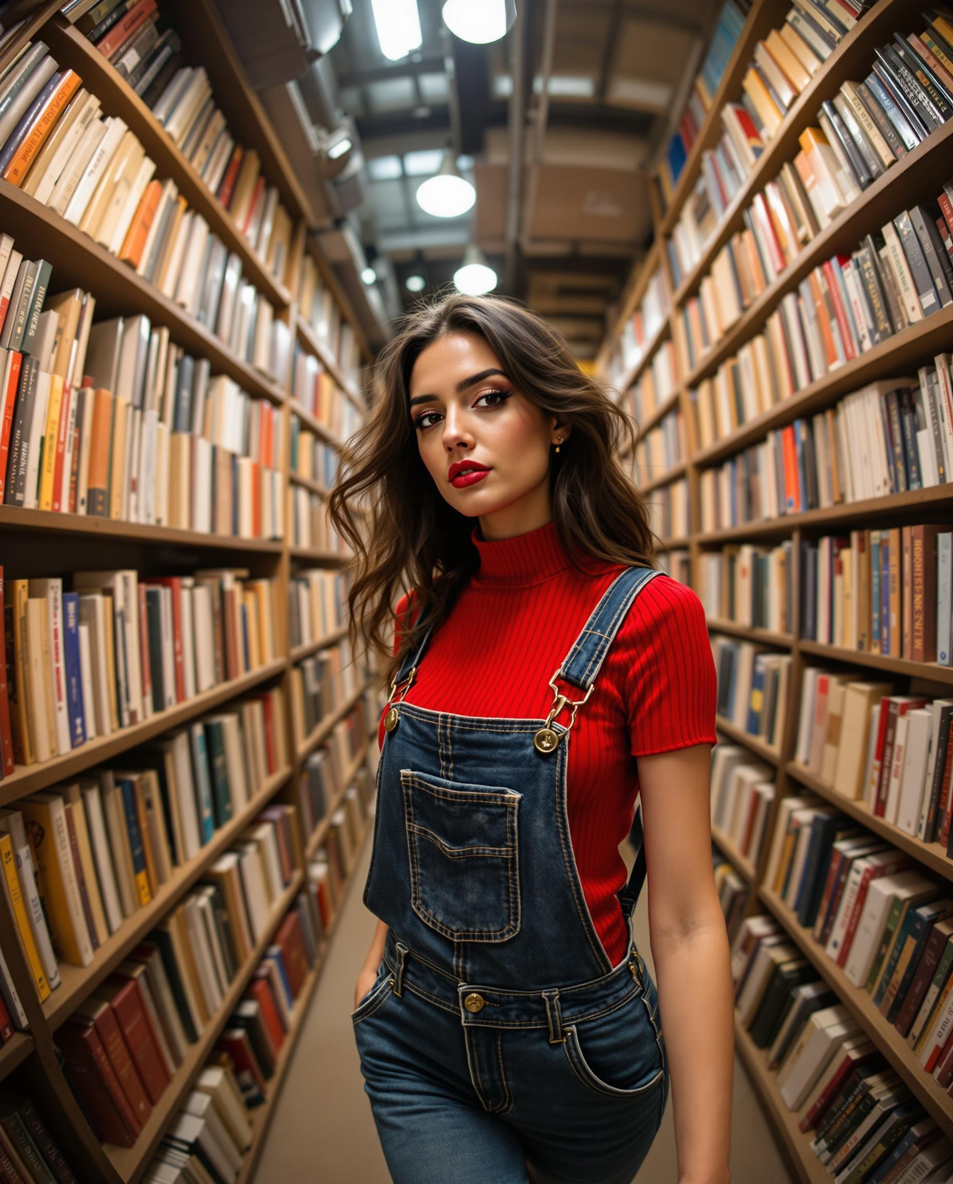 A **high-resolution, digital photograph** capturing a **French woman** in a **bookstore**, styled in a **fish eye lens** with a **slight angle** where she turns her head to look at the viewer. 

**Subject Details:**
- **Attire:** She wears a **vibrant red, ribbed, short-sleeved top** with a fitted bodice, paired with **dark blue denim overalls**. The overalls feature a **faded wash**, **brass buttons**, and **front pocket with suspenders**.
- **Appearance:** Her **long, dark hair** is styled in **loose waves**, framing her face softly. Makeup is **tasteful** with **defined eyebrows**, **subtle eyeshadow**, **mascara**, and **matte lipstick** in a shade that complements her top.

**Composition:**
- **Dynamic Pose:** She is captured in motion, walking through the bookstore, creating a sense of movement.
- **Bookshelves:** The background is filled with **densely packed bookshelves** showcasing a **diverse collection** with spines facing outwards for easy browsing. 

**Visual Elements:**
- **Lighting:** The room has **warm, soft lighting** from overhead fixtures, casting a **gentle glow** that highlights the **textures of books** and the **clothing**.
- **Color Palette:** The **rich, vibrant colors** of her attire stand out against the **browns and warm tones** of the library, with a **striking contrast** between the warm reds and cooler book tones.

**Artistic Style:**
- **Realistic with Softness:** The image is **realistic** yet softened by **diffused lighting**, providing a **cohesive** and **believable** scene with a **touch of softness**.

**Atmospheric Details:**
- **Mood:** The ambiance is **calm** and **inviting**, reflecting the quiet, contemplative atmosphere of a bookstore, enhanced by the **soft lighting**.

**Technical Aspects:**
- **Lens:** **Fish eye lens** used for a **unique perspective**, slightly distorted to capture the movement and environment.
- **Depth of Field:** The **depth of field** keeps the woman in sharp focus while allowing the bookshelves to blur slightly in the background, drawing attention to the subject.