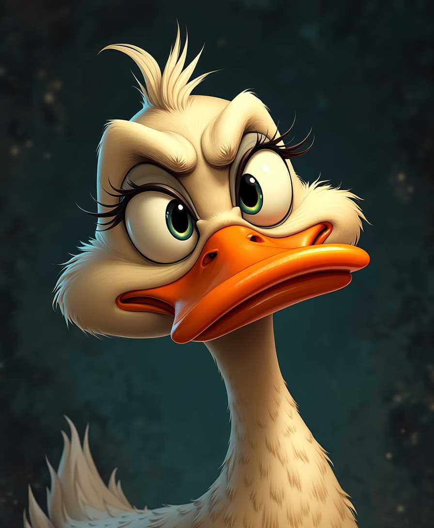 A highly detailed, close-up digital illustration of a cartoon duck displaying a skeptical expression, characterized by exaggerated facial features, oversized, rounded eyes with thick eyelashes, and a vibrant, elongated orange beak, set against a dark, richly textured background with subtle gradient effects, allowing the duck's features to take center stage, with bold, crisp lines and smooth, blended shading creating a dynamic visual contrast.