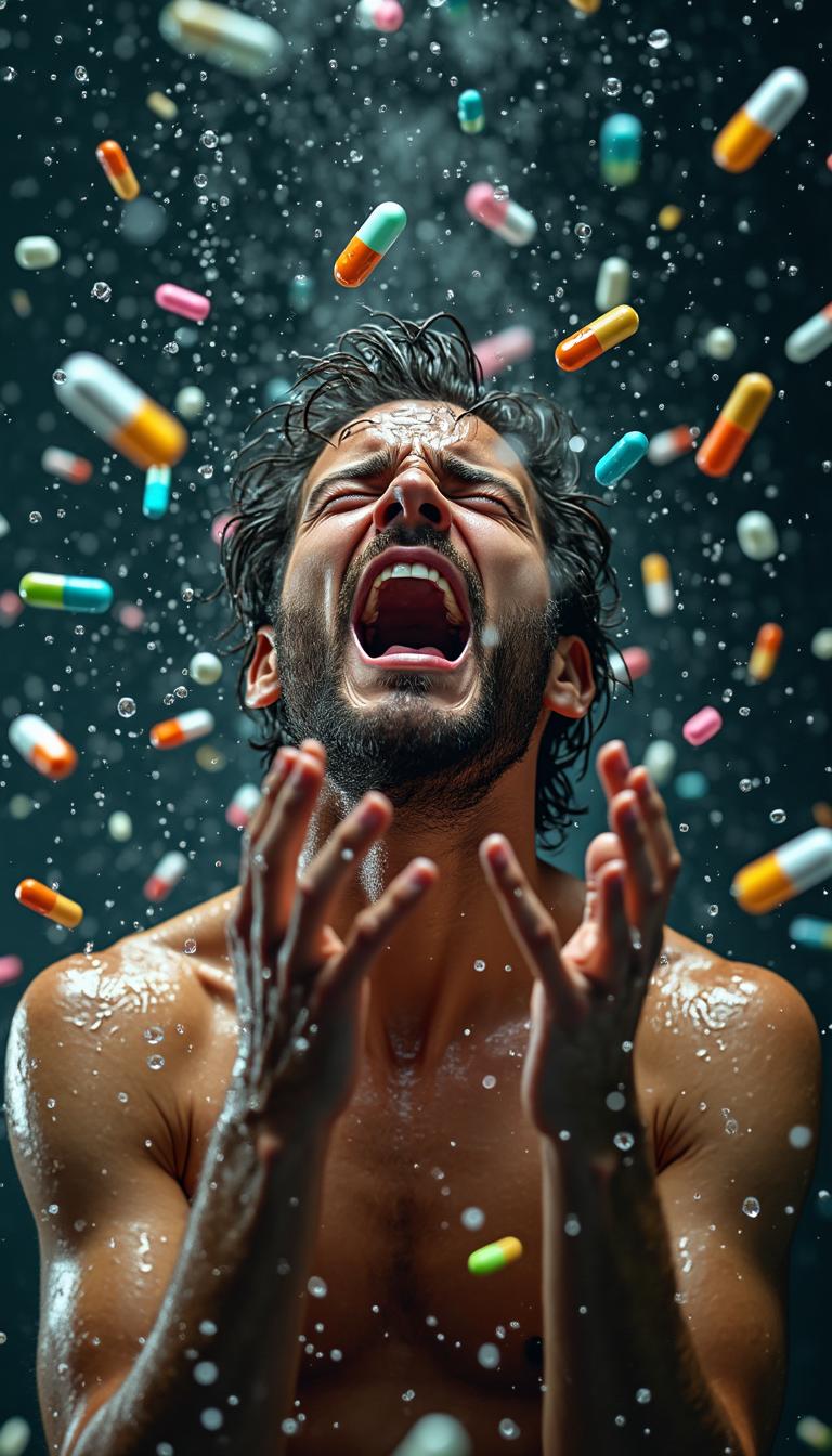 A distressed man with wet hair, holding his head in frustration and screaming, surrounded by colorful pills and capsules floating dynamically in mid-air. Water drips from his face and body, adding to the dramatic intensity of the scene. The lighting is cinematic, with vibrant highlights reflecting off the water droplets and the shiny capsules. The background is dark and blurred, creating a surreal and chaotic atmosphere while emphasizing the man's emotional expression and the vibrant colors of the pills. The composition is vertical and highly detailed.