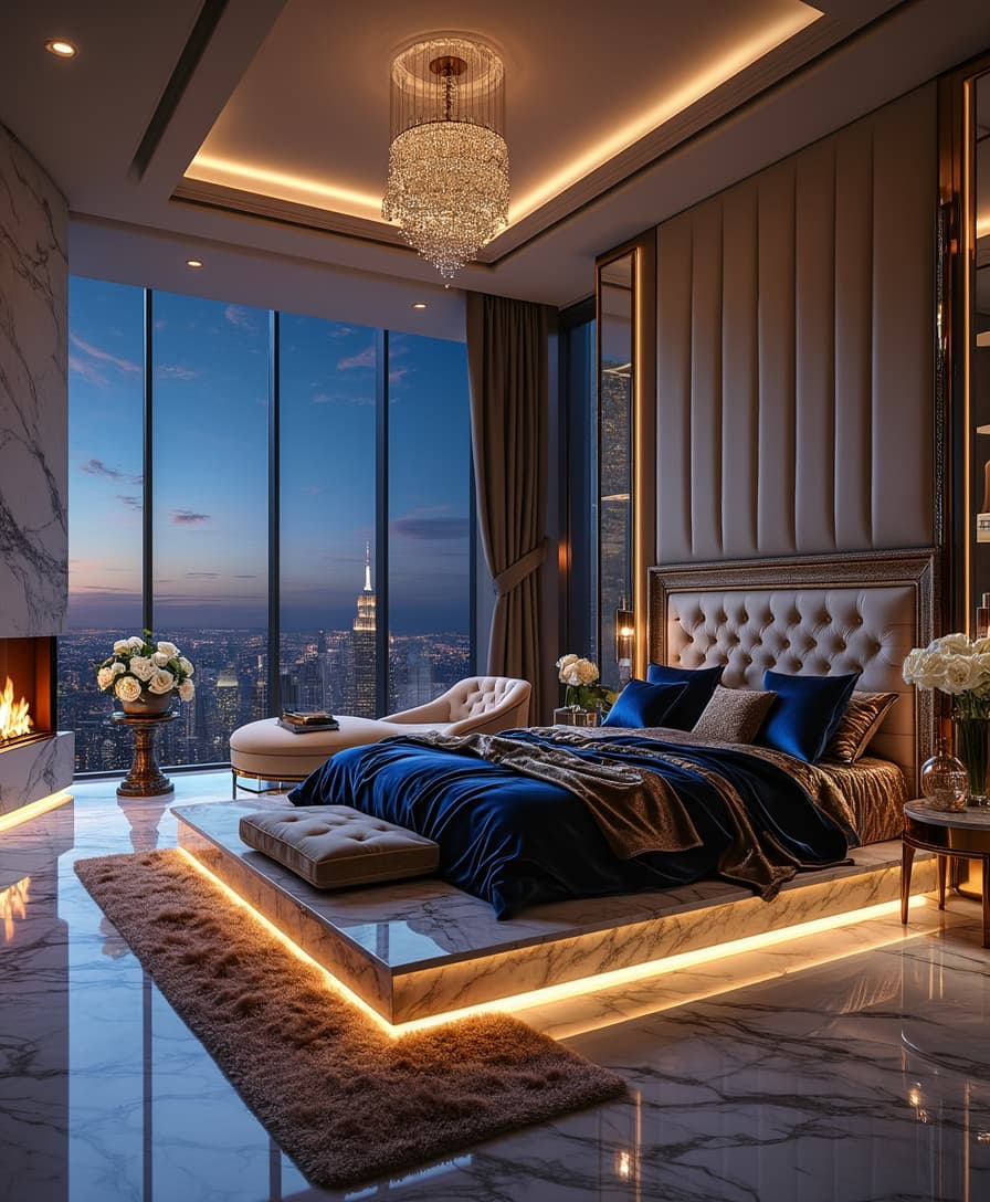 A breathtaking ultra-luxurious master bedroom with a panoramic floor-to-ceiling glass wall offering a stunning city skyline view at night. The plush king-sized bed, dressed in silk and velvet bedding in deep navy and gold tones, sits atop a custom-designed marble platform with built-in ambient lighting. A high-end, tufted headboard with intricate gold detailing extends to the ceiling, adding to the grandeur.

To the left, a sleek modern fireplace with a marble surround flickers warmly, casting a soft golden glow. A designer chandelier with cascading crystal elements hangs from the high ceiling, enhancing the elegance. A cozy lounge area by the window features a curved velvet chaise lounge and a small marble coffee table, holding a fine crystal decanter and a bouquet of fresh white roses.

On the right, a walk-in closet with backlit glass wardrobes displays an exquisite collection of designer clothing and accessories. Adjacent, a luxurious en-suite bathroom with a freestanding marble bathtub, a rain shower, and gold-accented fixtures adds to the indulgence.

The room's ambiance is elevated by soft, recessed lighting, rich textures, and a perfect balance of modern sophistication and classic elegance. Every detail, from the glossy marble flooring to the handcrafted decor pieces, reflects unparalleled luxury. Hyper-realistic details, cinematic lighting, ultra-HD textures, and a refined color palette create a truly immersive experience.