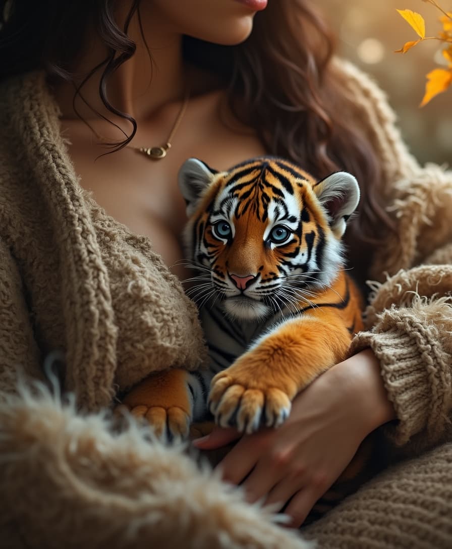 Photorealistic image a miniature tiger nestled between a woman's breasts. Warm autumnal colors, cozy atmosphere, dreamlike style. 