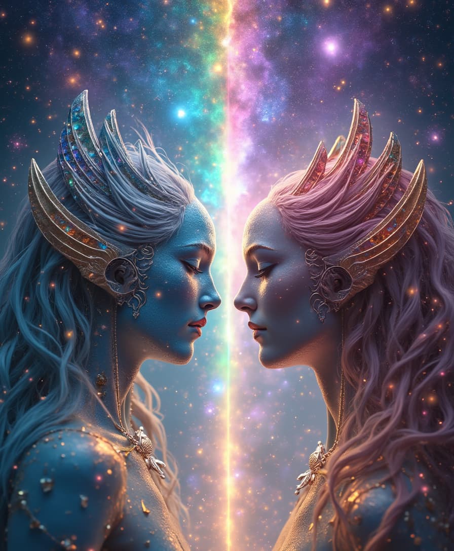 psychedelic cosmos galaxy rainbow stars 432 hz love silver gold  tribal glyphes celtic runes  crystals magic Waterfall fantasy world   side by side totally symmetrical image full body ultra HD rendering vortex’s 17 crystalline roses representation, a sacred couple of 1 male and 1 female  humanoid creatures beings masculine and feminine full body represented together side by side with rainbow rays connecting to each other hearts symmetrical shapes 