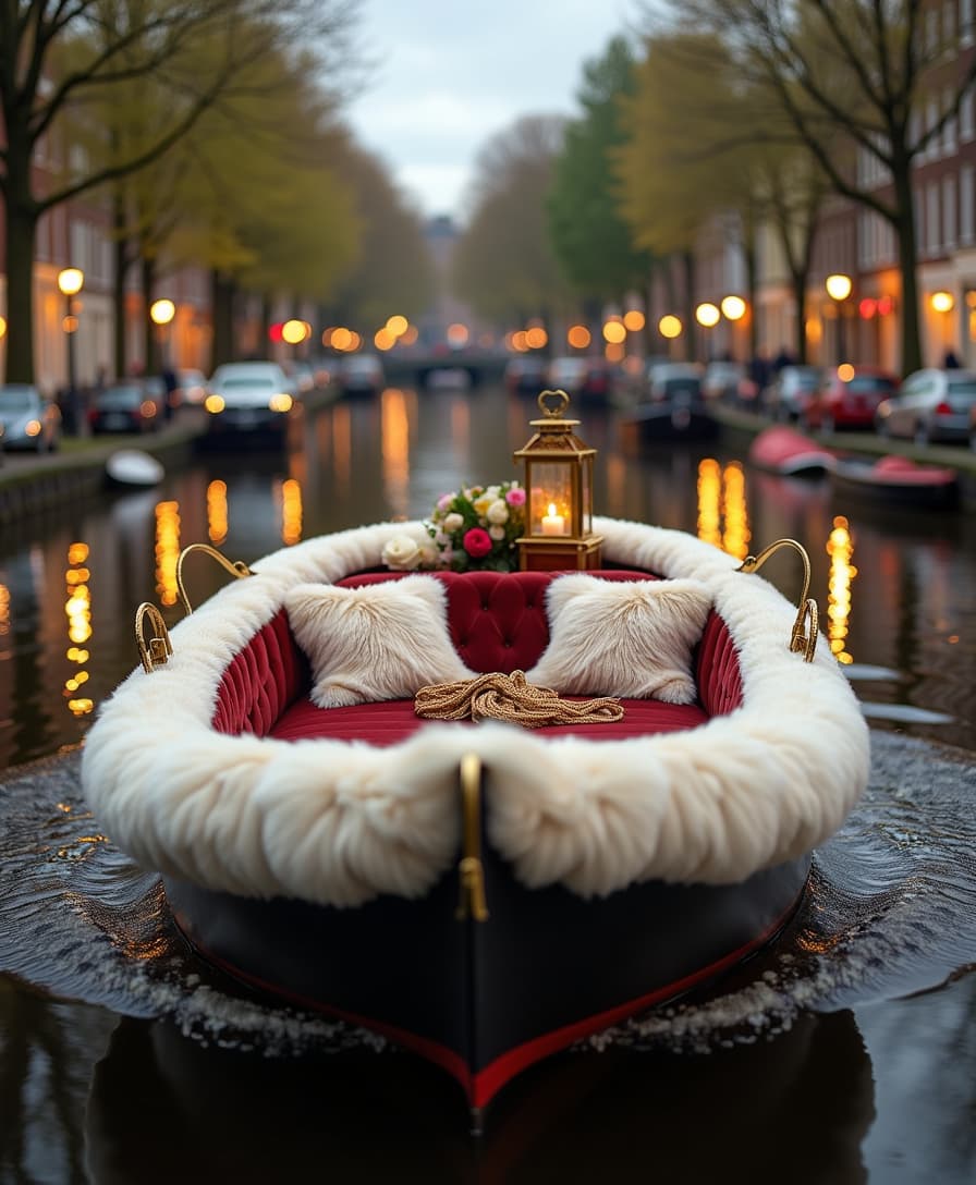 On the serene waters of an Amsterdam canal, surrounded by charming 17th-century brick buildings and peaceful cobblestone streets, floats a one-of-a-kind boat. This boat, unlike any other, is draped entirely in luxurious, soft fur. The exterior is covered in a rich, cream-colored luxury fur, shimmering slightly as it catches the light from the passing canal-side street lamps. The boat’s seats are plush and upholstered in deep velvet, while fur throws are carefully placed across the deck, inviting passengers to sink into comfort. Inside, gold accents glisten under the soft glow of antique lanterns, and lush floral arrangements add a touch of elegance. The boat moves gently through the water, the soft rustling of the fur blending with the distant hum of the city and the quiet ripples of the canal. It’s a surreal yet cozy juxtaposition—modern luxury amidst the historic beauty of Amsterdam’s iconic canals.